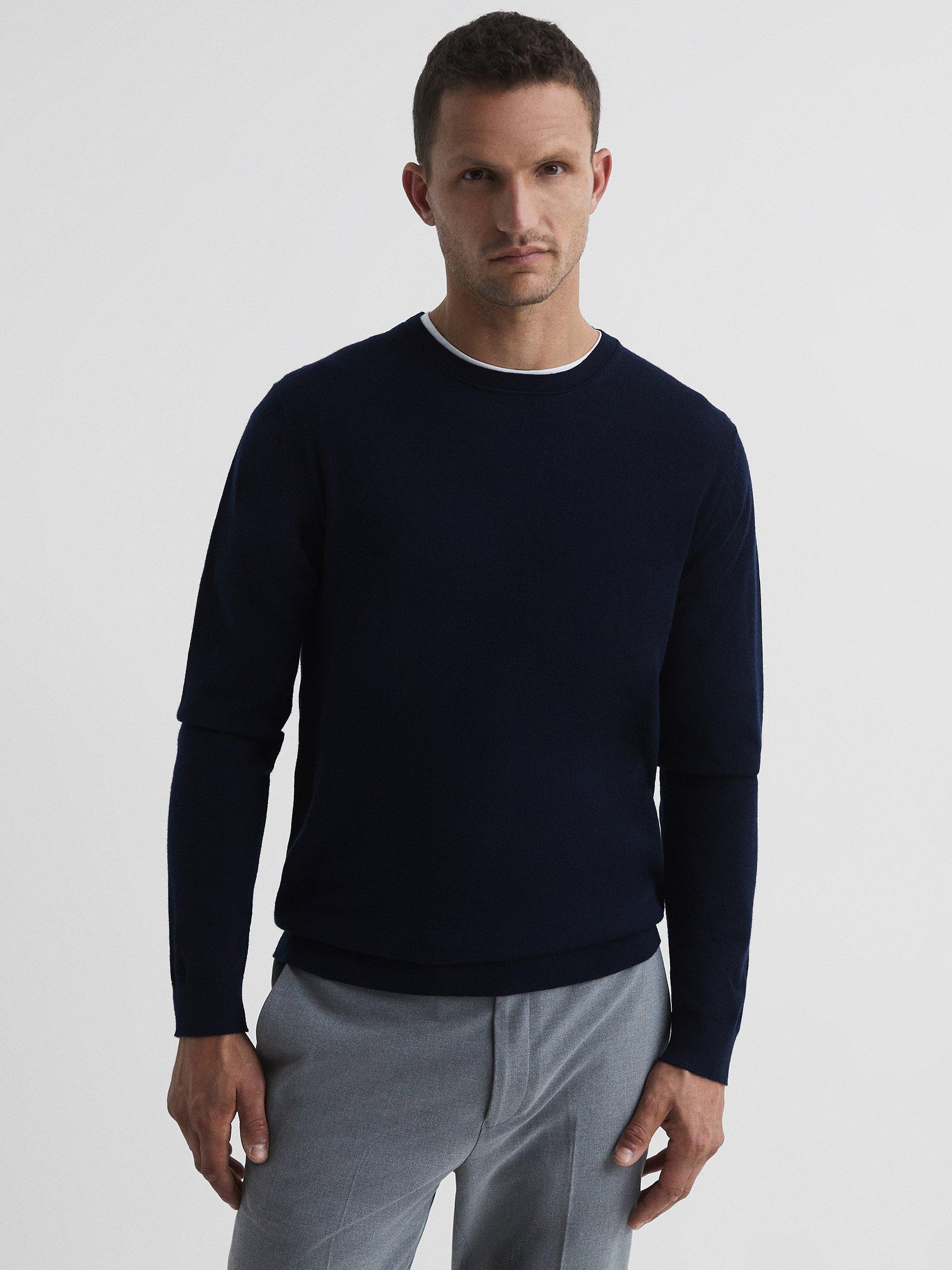 Product image 1 of 5, which shows Reiss Wessex Knit Merino Wool Jumper, Navy, XS