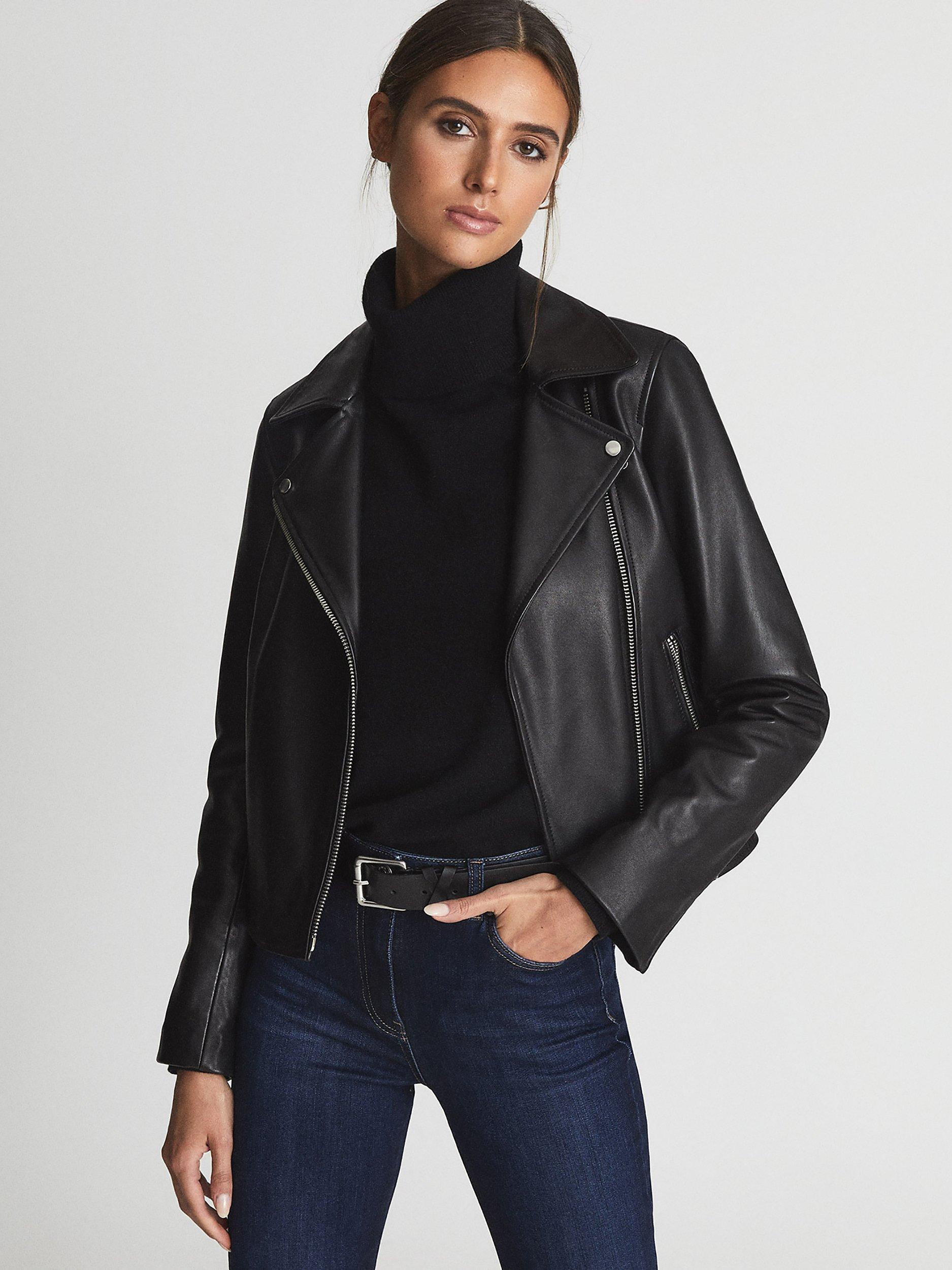 Reiss Geo Leather Biker Jacket, Black