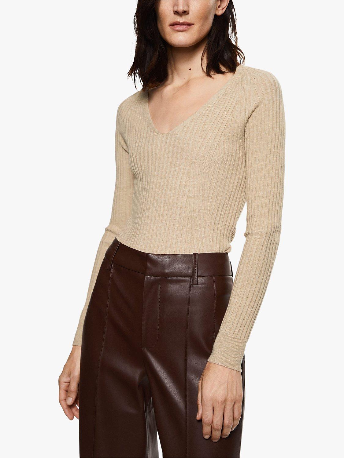 Mango Goleta Fine Rib Top, Pastel Brown, XXS