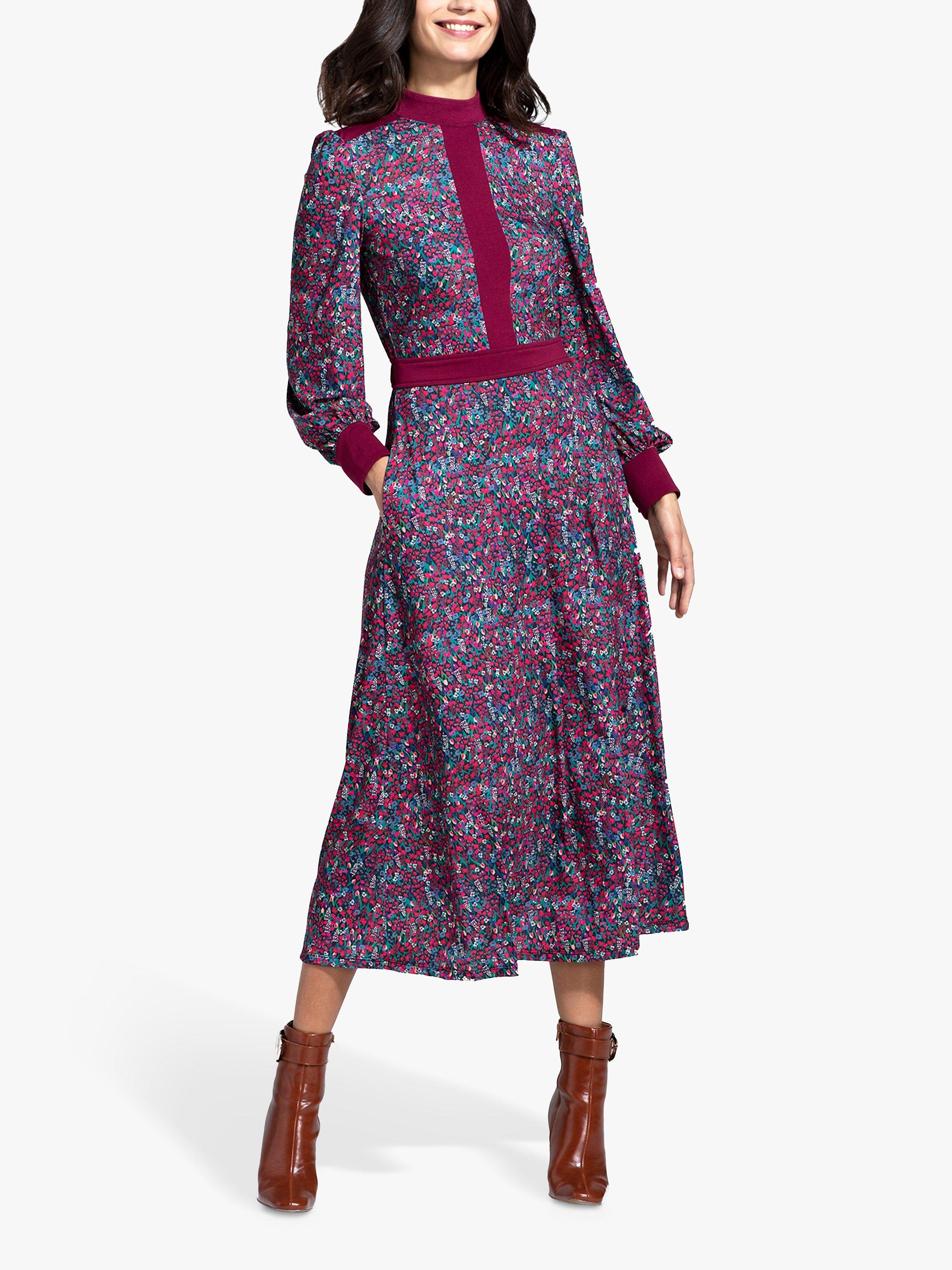 Product image 2 of 5, which shows HotSquash Ditsy Floral Print Panelled Midi Dress, Burgundy/Multi, 16