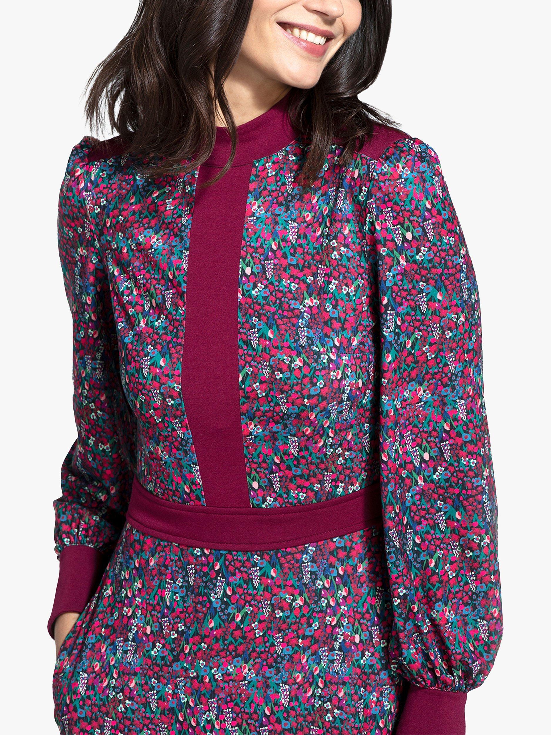 Product image 3 of 5, which shows HotSquash Ditsy Floral Print Panelled Midi Dress, Burgundy/Multi, 16