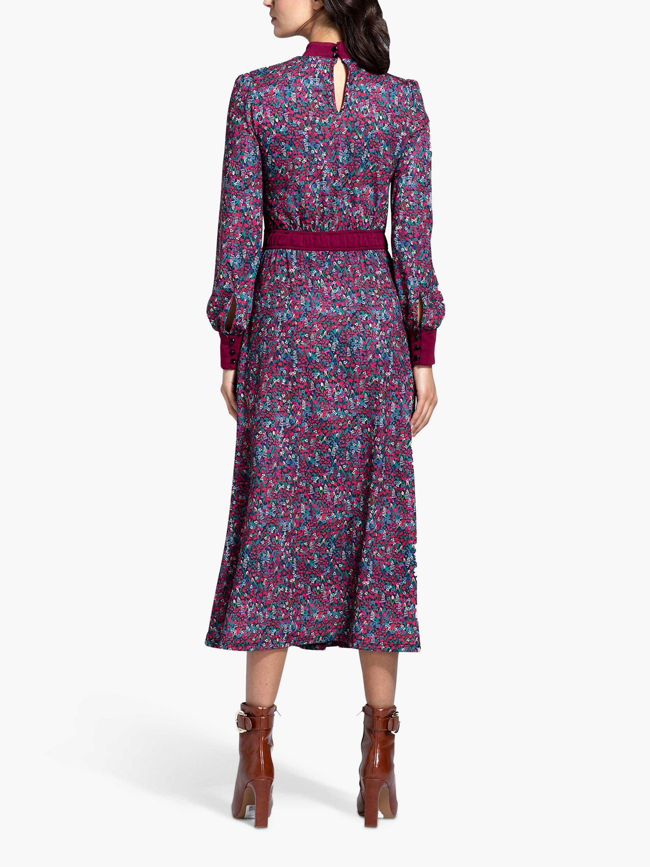 Product image 4 of 5, which shows HotSquash Ditsy Floral Print Panelled Midi Dress, Burgundy/Multi, 16