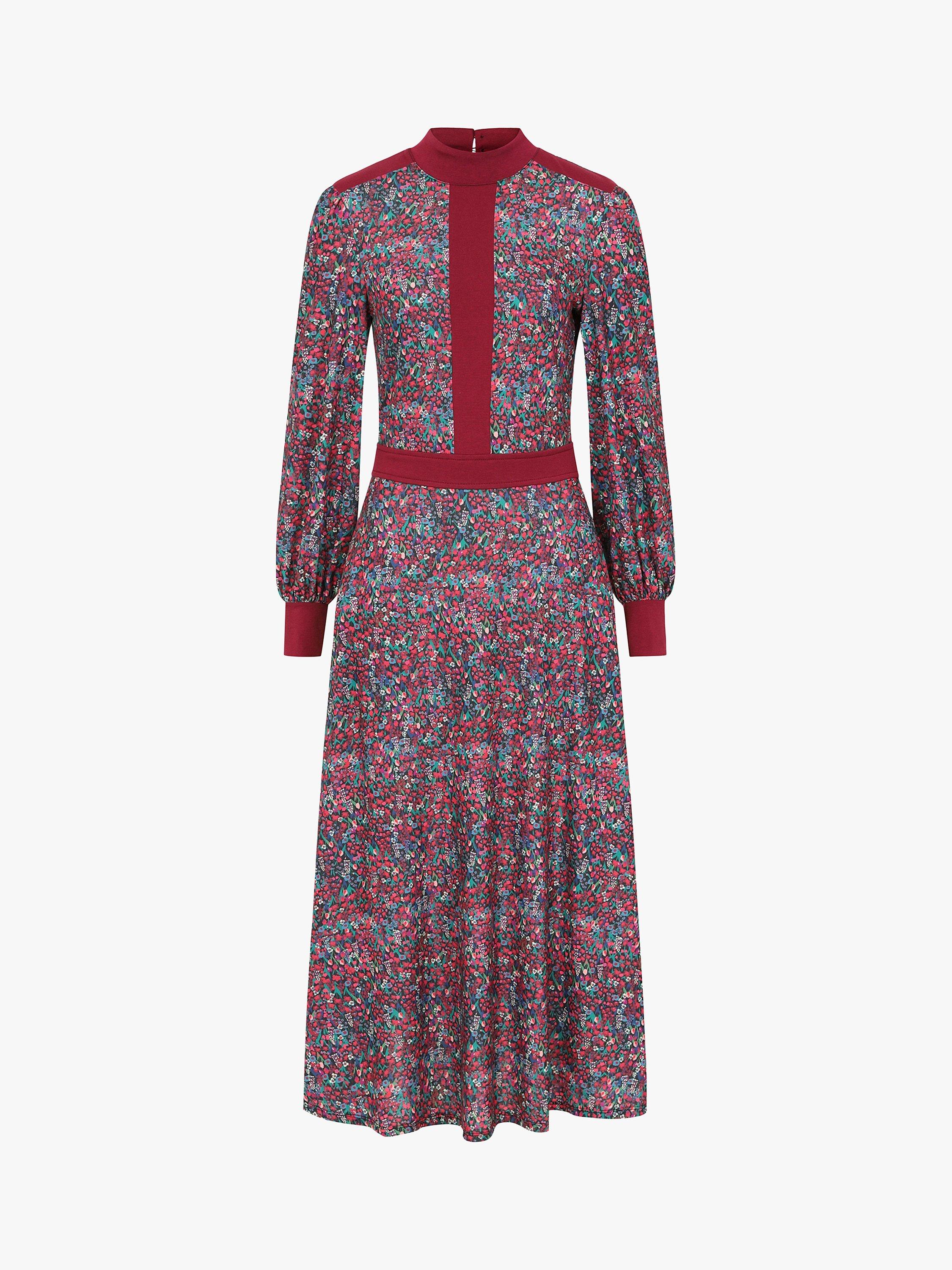 Product image 5 of 5, which shows HotSquash Ditsy Floral Print Panelled Midi Dress, Burgundy/Multi, 16