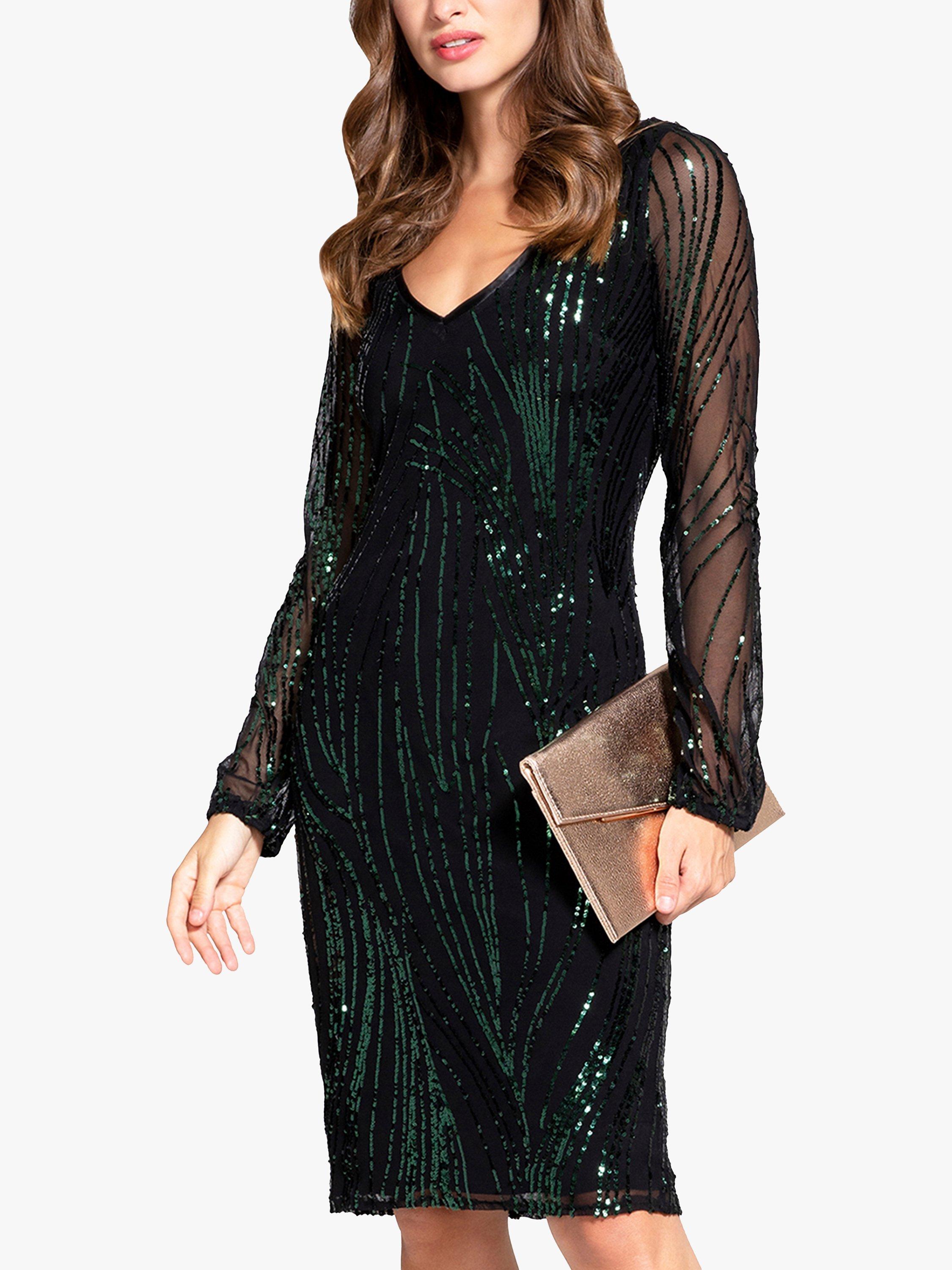 HotSquash Blouson Sleeve Sequin Stripe Dress, Bottle Green