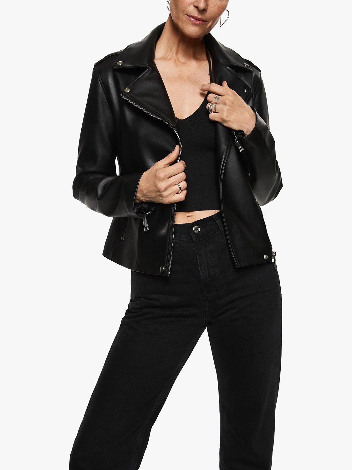 Product image 5 of 8, which shows Mango Liz Faux Leather Biker Jacket, Black, XS