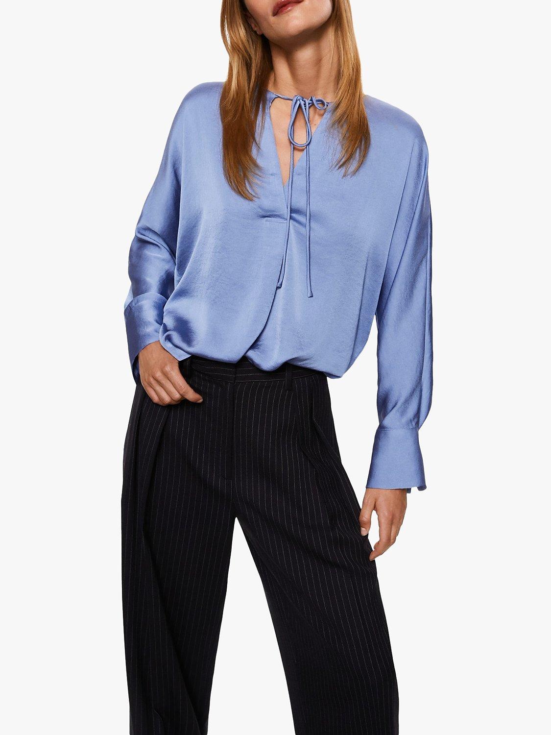 Mango Olivia Tie Neck Blouse, Medium Blue, 8
