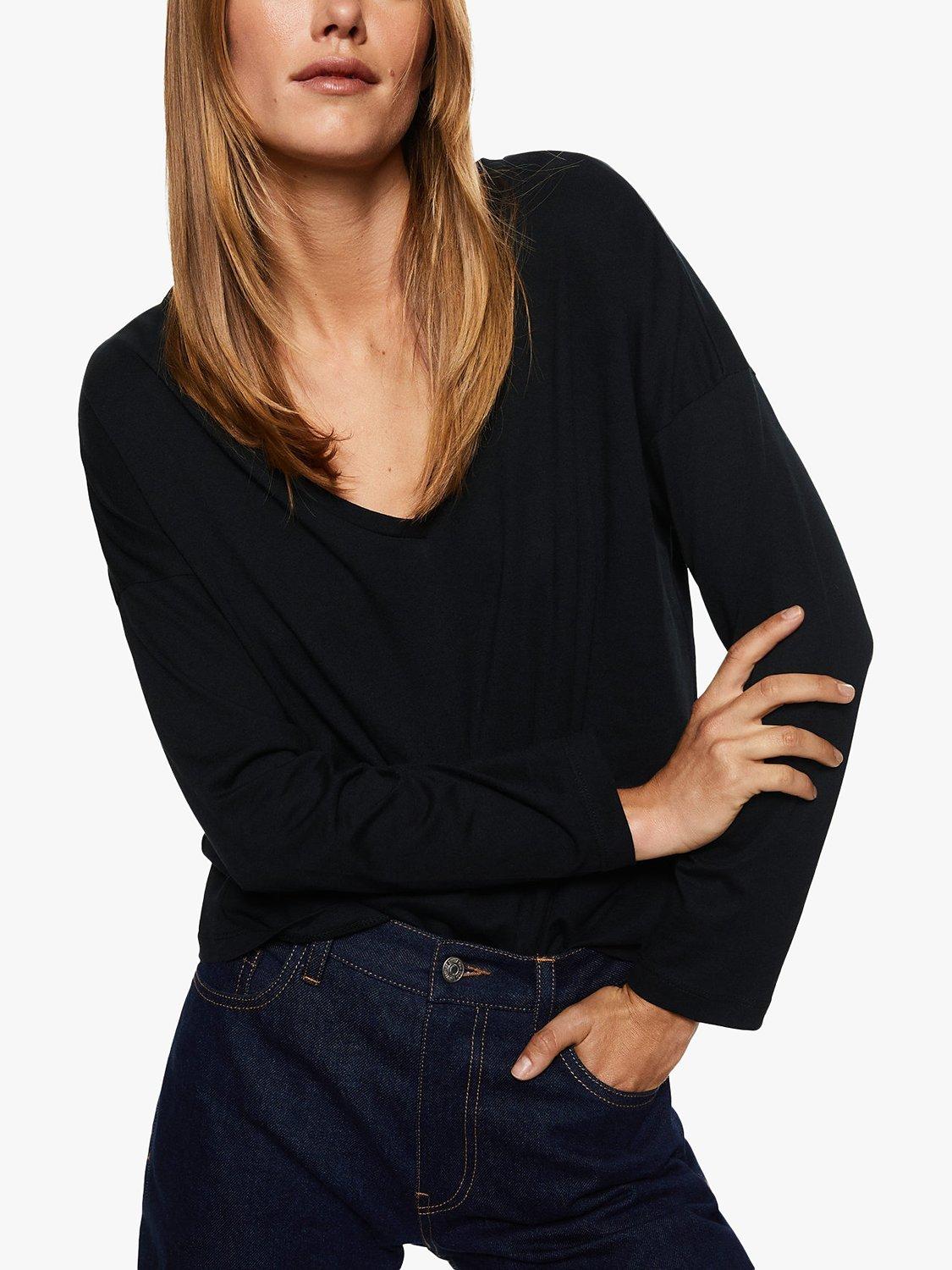Mango Sacov Long Sleeve V-Neck Tee, Black, M