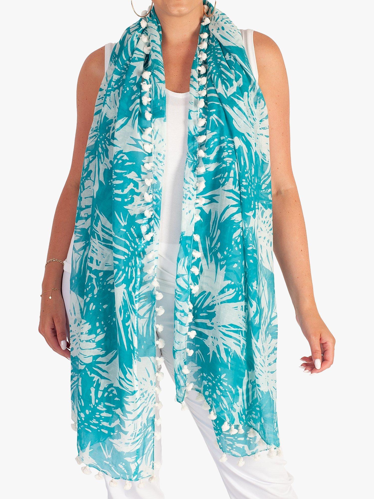 Product image 1 of 5, which shows chesca Bobble Trim Silk Blend Scarf, Jade/White, One Size