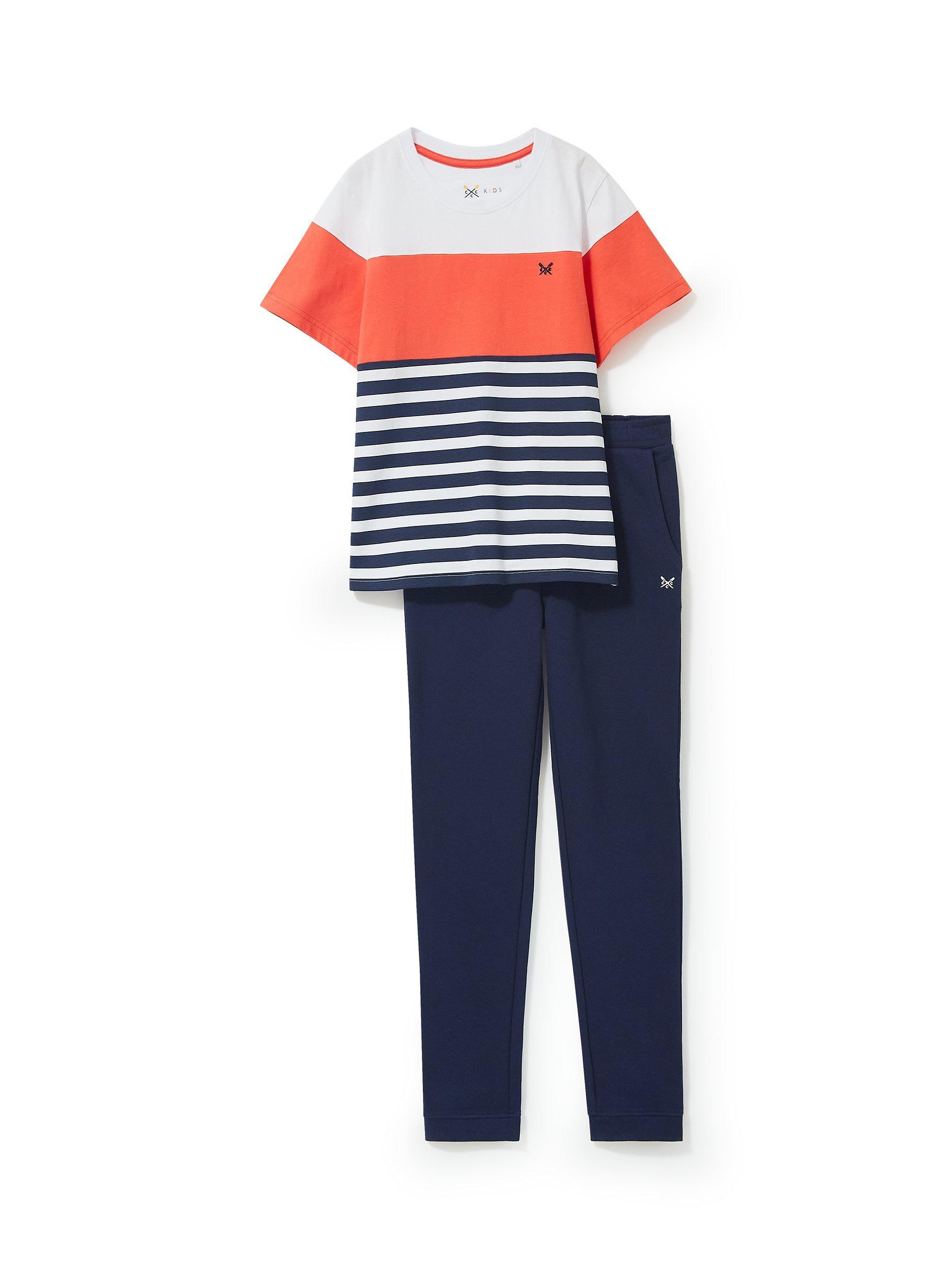 Crew Clothing Kids' Colour Block Stripe T-Shirt & Trousers Set, Mid Red