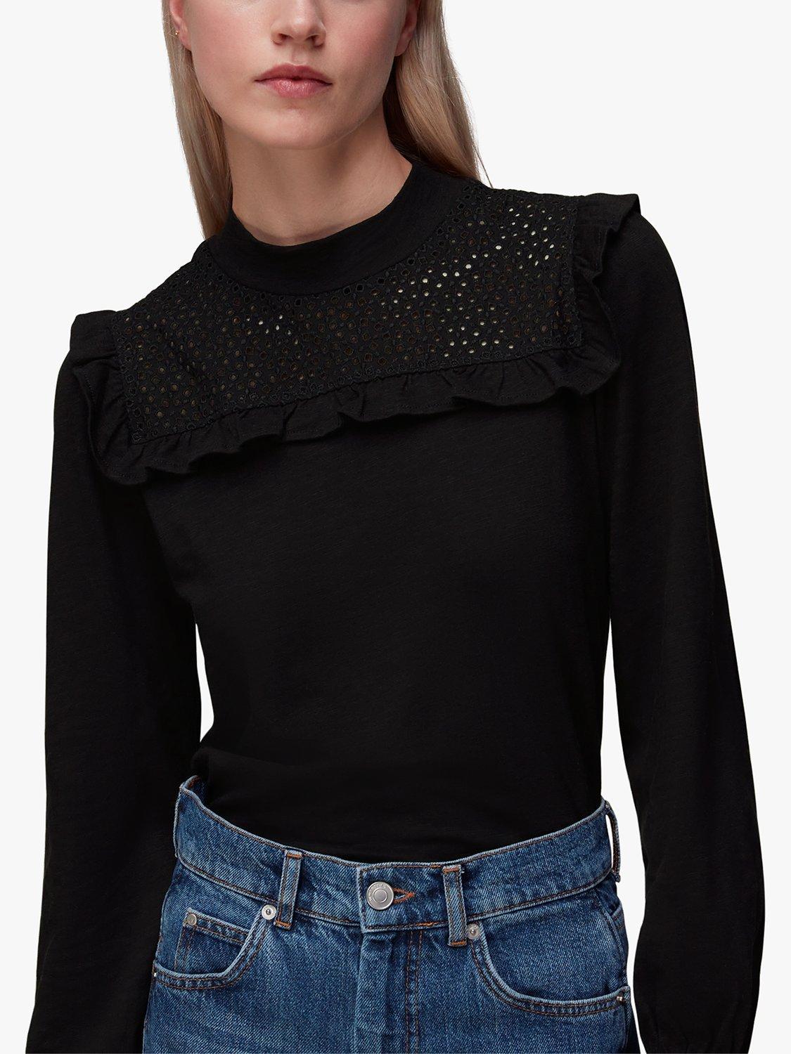 Whistles Broderie Yoke Frill Blouse, Black
