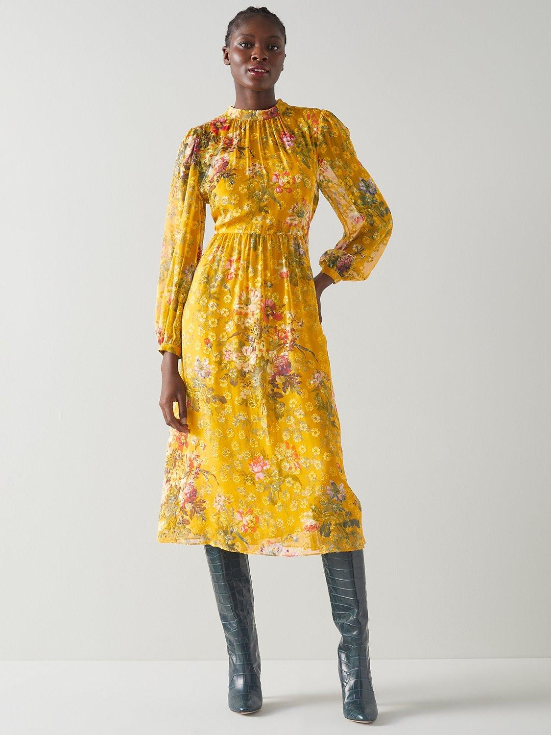 L.K.Bennett Leandra Floral Print Silk Blend Midi Dress, Gold/Multi
