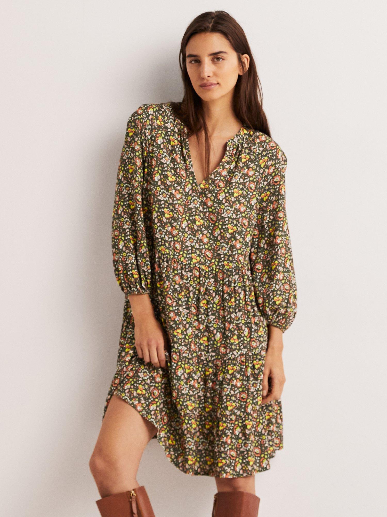 Boden Notch Neck Tiered Knee Length Dress, Basil Botanic Meadow