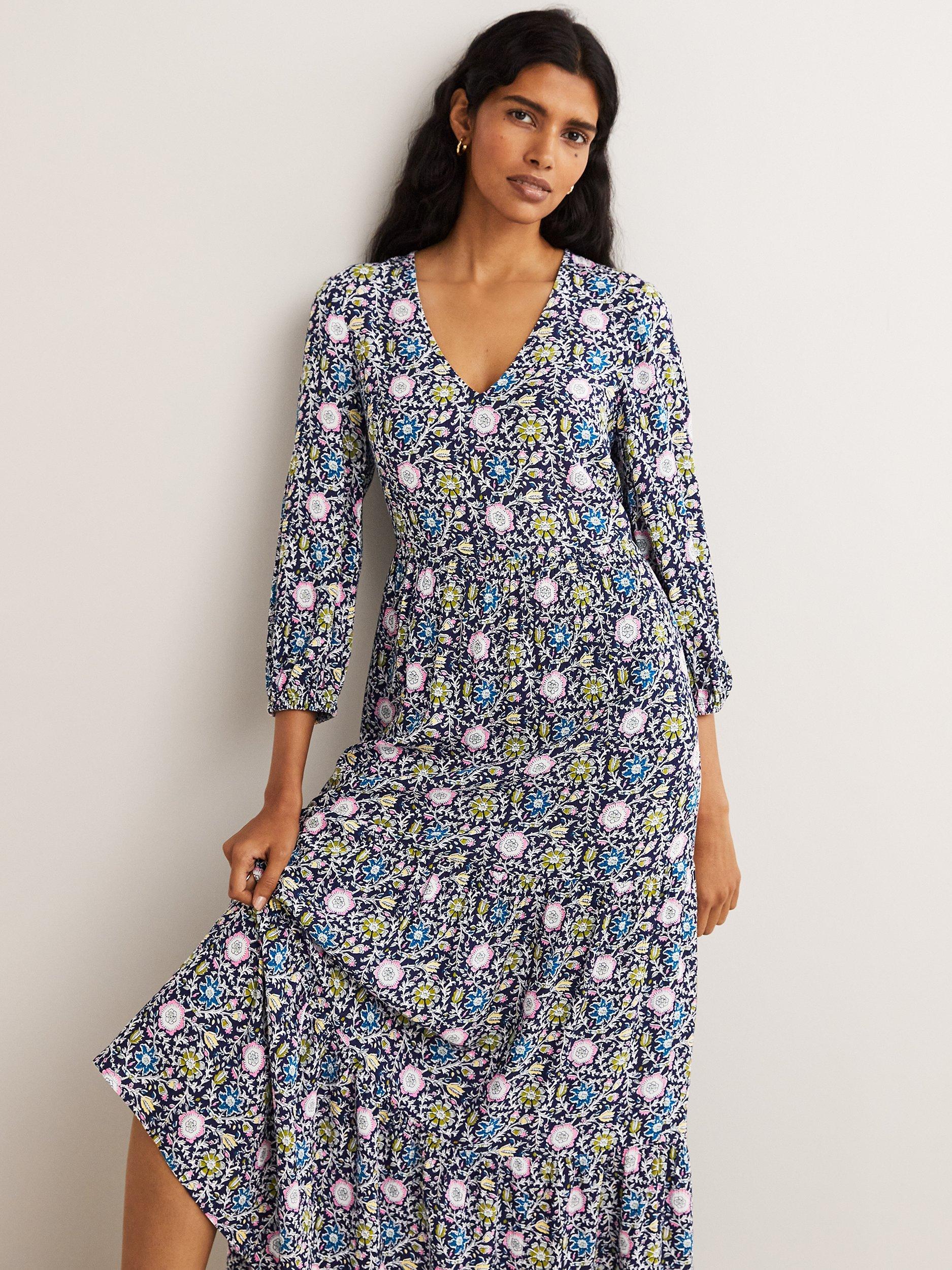 Boden Floral Print Blouson Sleeve Tiered Maxi Dress, Navy/Multi
