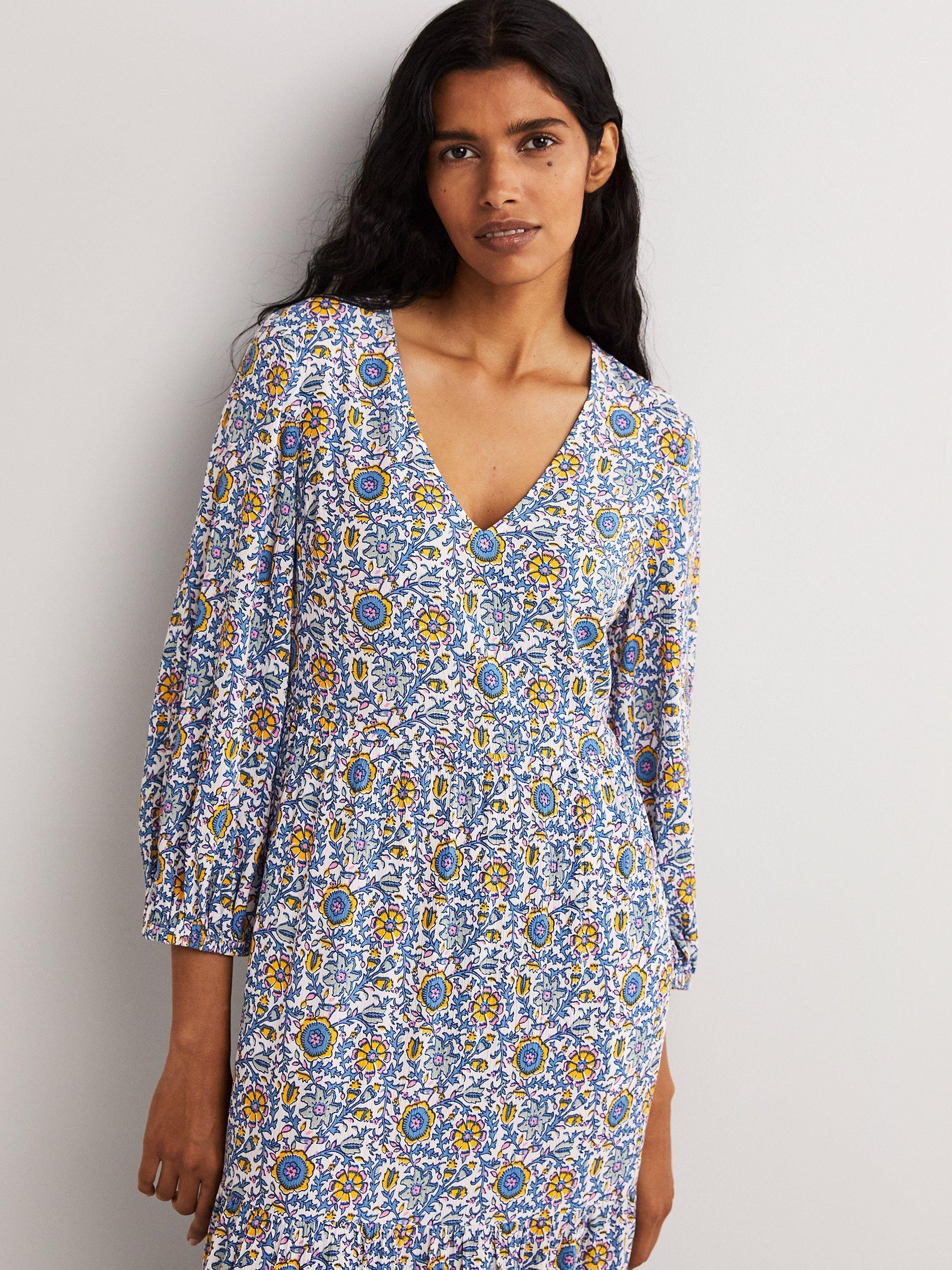 Boden Floral Print Blouson Sleeve Tiered Maxi Dress, Ivory/Multi