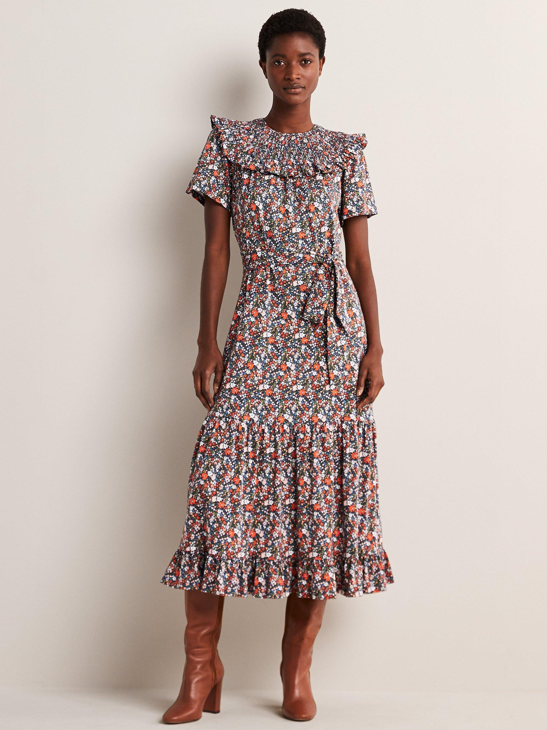 Boden Abstract Ditsy Smocked Yoke Jersey Midi Dress, Navy/Multi
