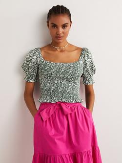 Boden Square Neck Smocked Jersey Top, Hunter Green/Multi, Hunter Green/Multi