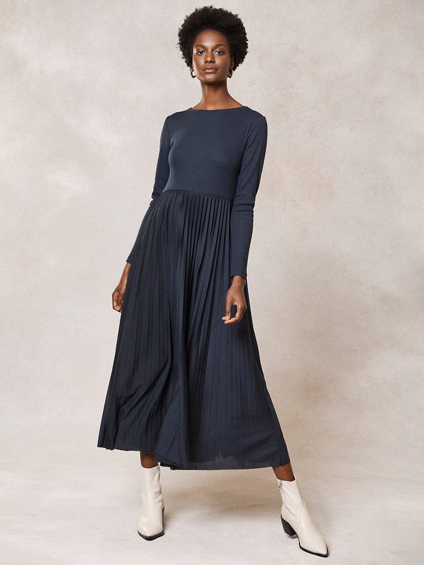 Mint Velvet Pleated Jersey Midi Dress, Navy, 10