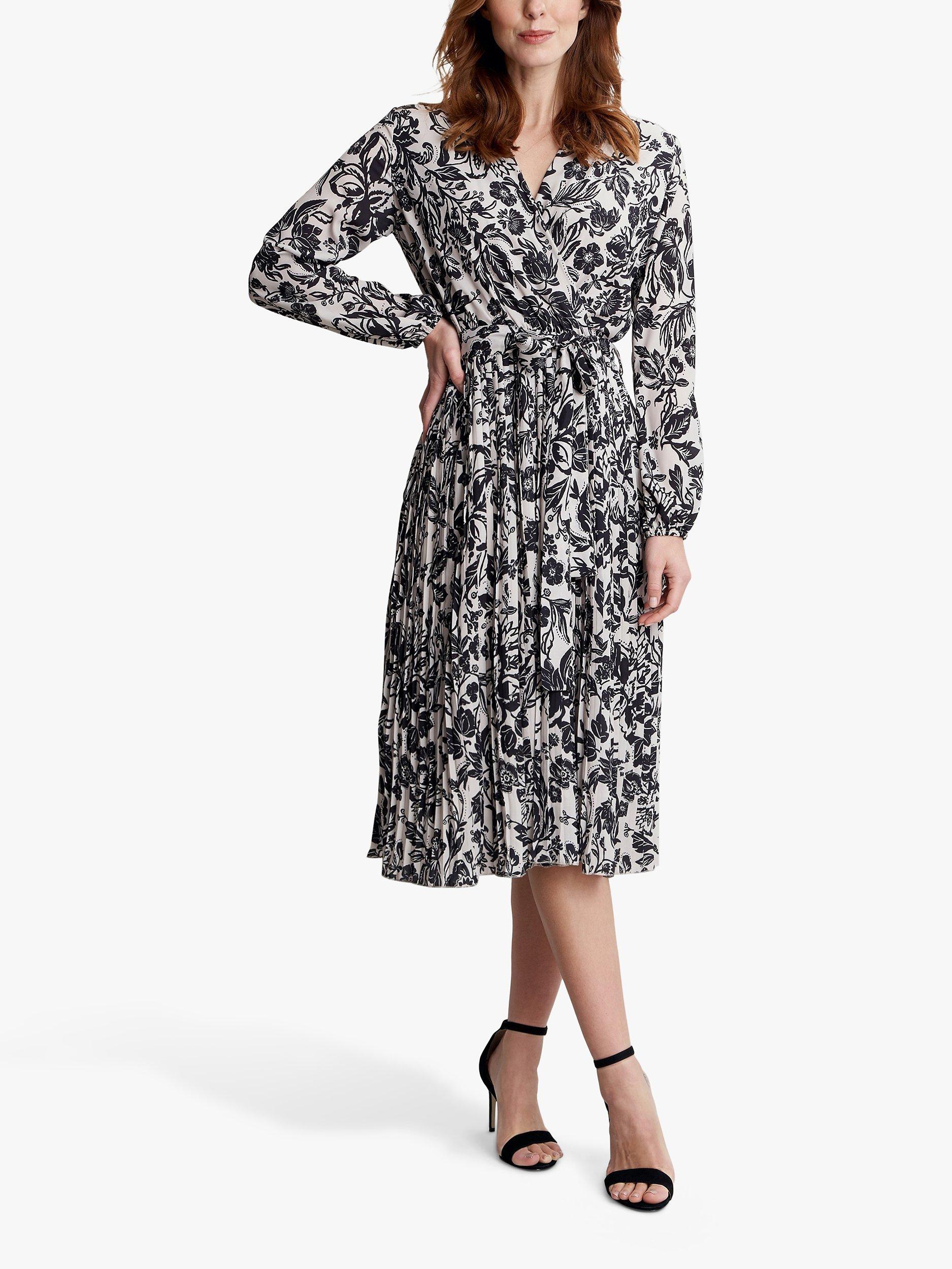 Product image 3 of 6, which shows Gina Bacconi Lucine Cross Over Bodice Pleated Skirt Midi Dress, Black/Beige, M