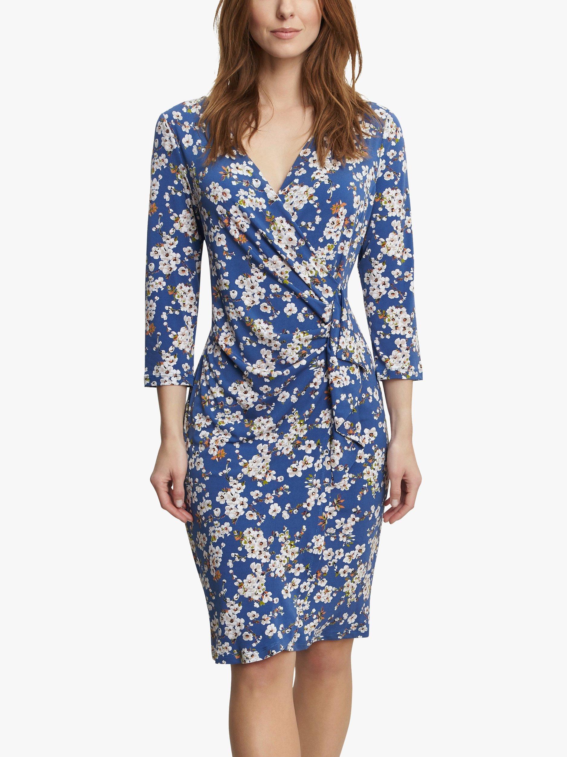 Gina Bacconi Wendy Floral Print Jersey Knee Length Dress, Royal/Multi