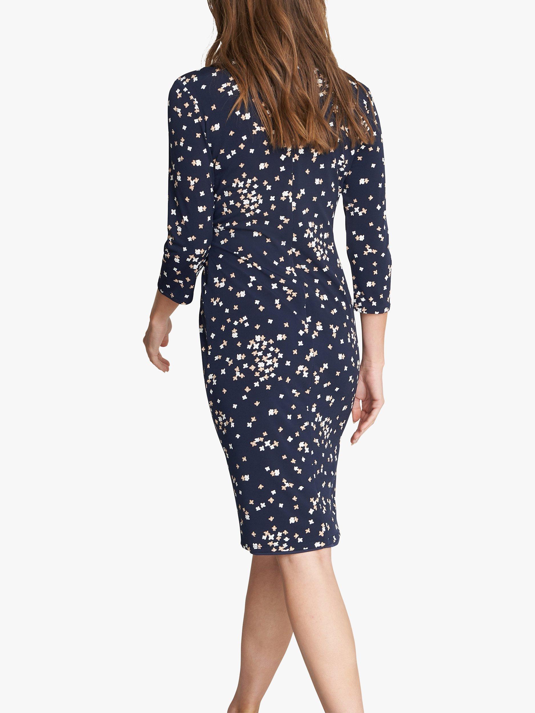 Product image 2 of 6, which shows Gina Bacconi Coco Floral Print Jersey Dress, Navy/Beige, 18