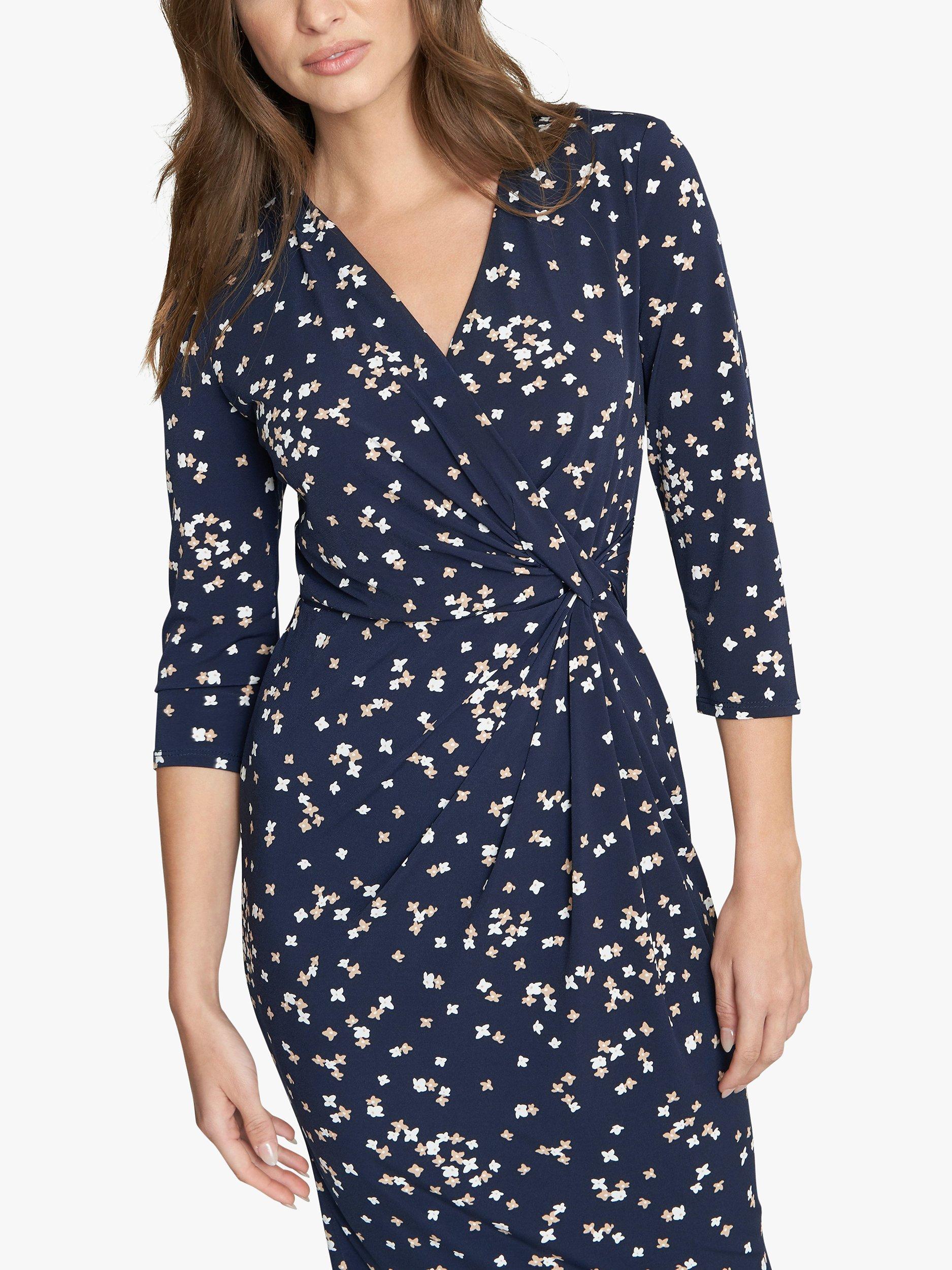 Product image 6 of 6, which shows Gina Bacconi Coco Floral Print Jersey Dress, Navy/Beige, 18