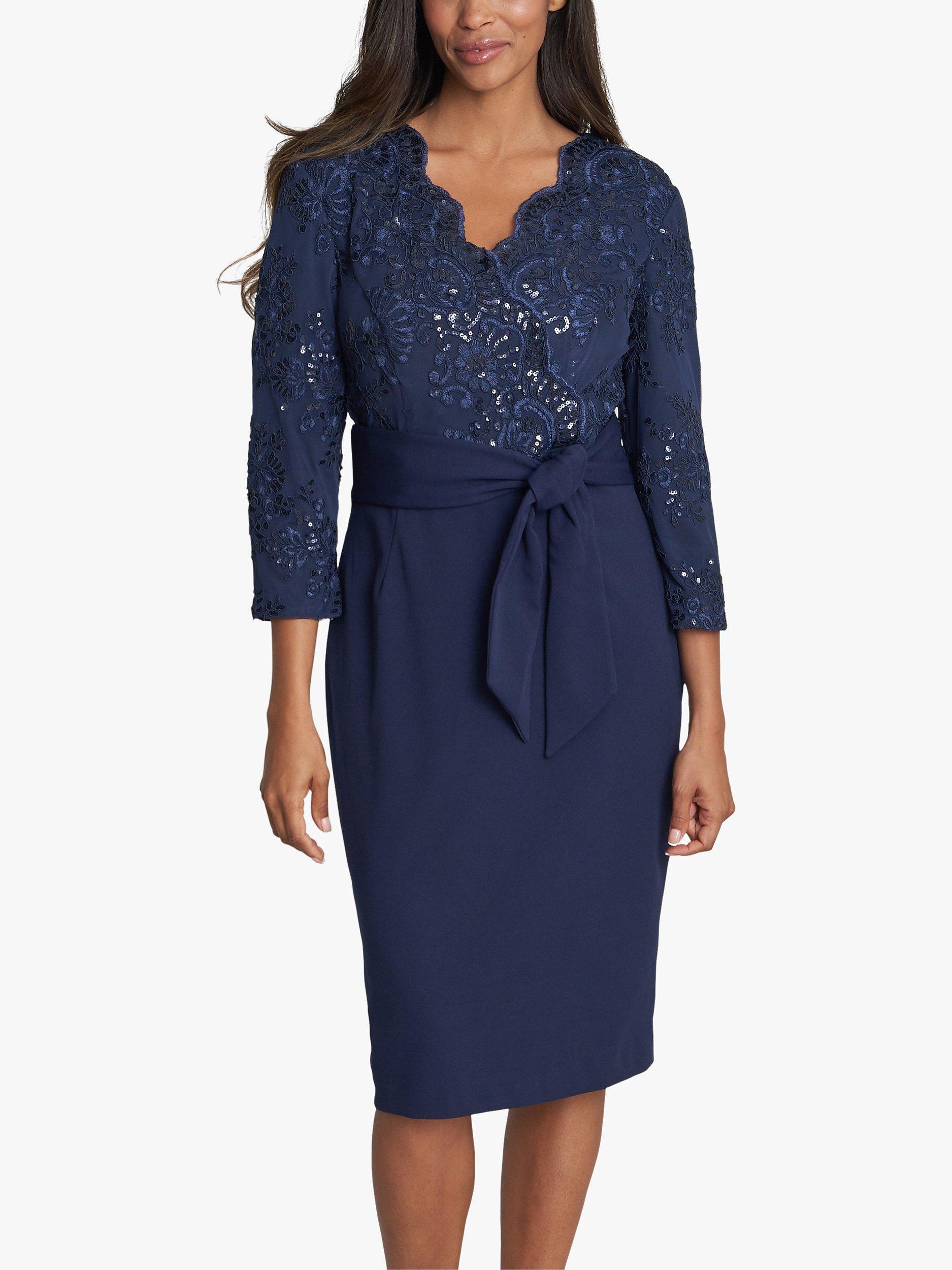 Gina Bacconi Matisse Embroidered Tie Belt Midi Dress, Navy