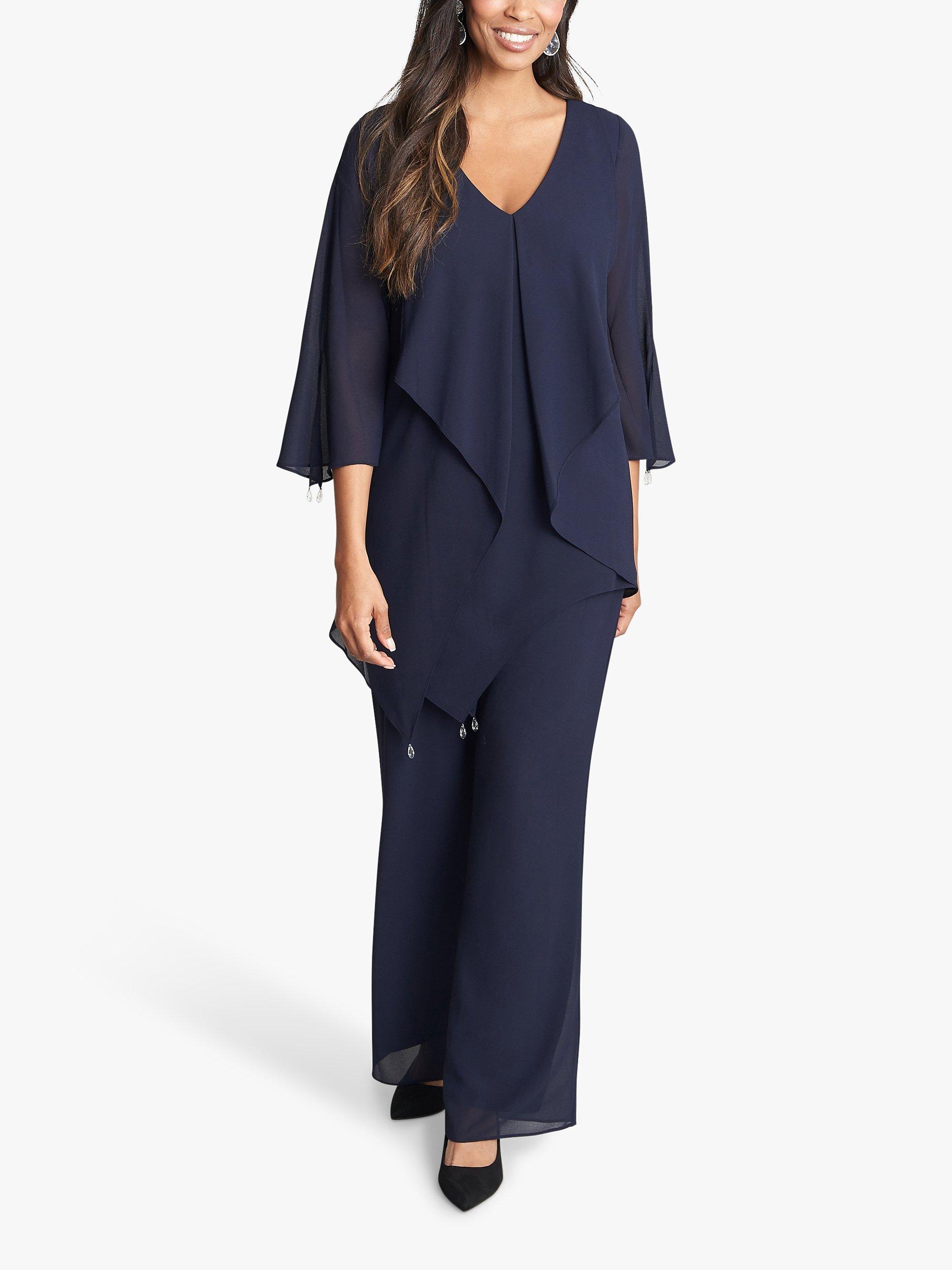Product image 1 of 6, which shows Gina Bacconi Wilma 2-Piece Suit With Asymmetric Cascade Ruffle Blouse & Wide Leg Trousers, Navy, 10