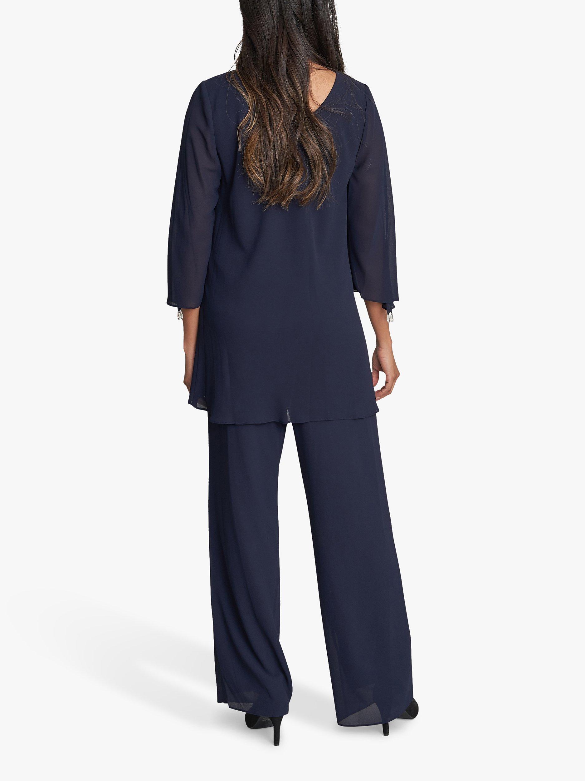 Product image 2 of 6, which shows Gina Bacconi Wilma 2-Piece Suit With Asymmetric Cascade Ruffle Blouse & Wide Leg Trousers, Navy, 10