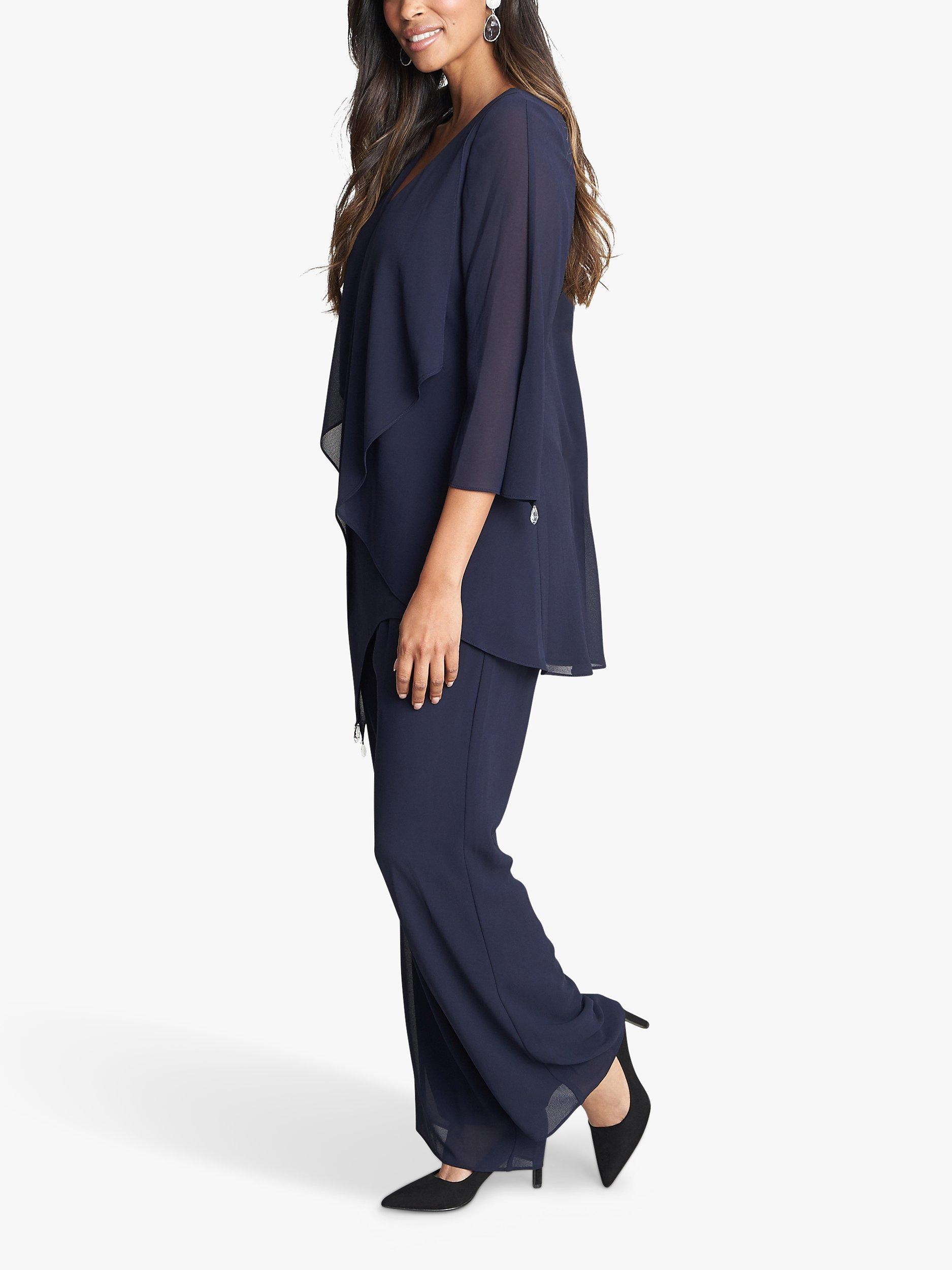 Product image 3 of 6, which shows Gina Bacconi Wilma 2-Piece Suit With Asymmetric Cascade Ruffle Blouse & Wide Leg Trousers, Navy, 10