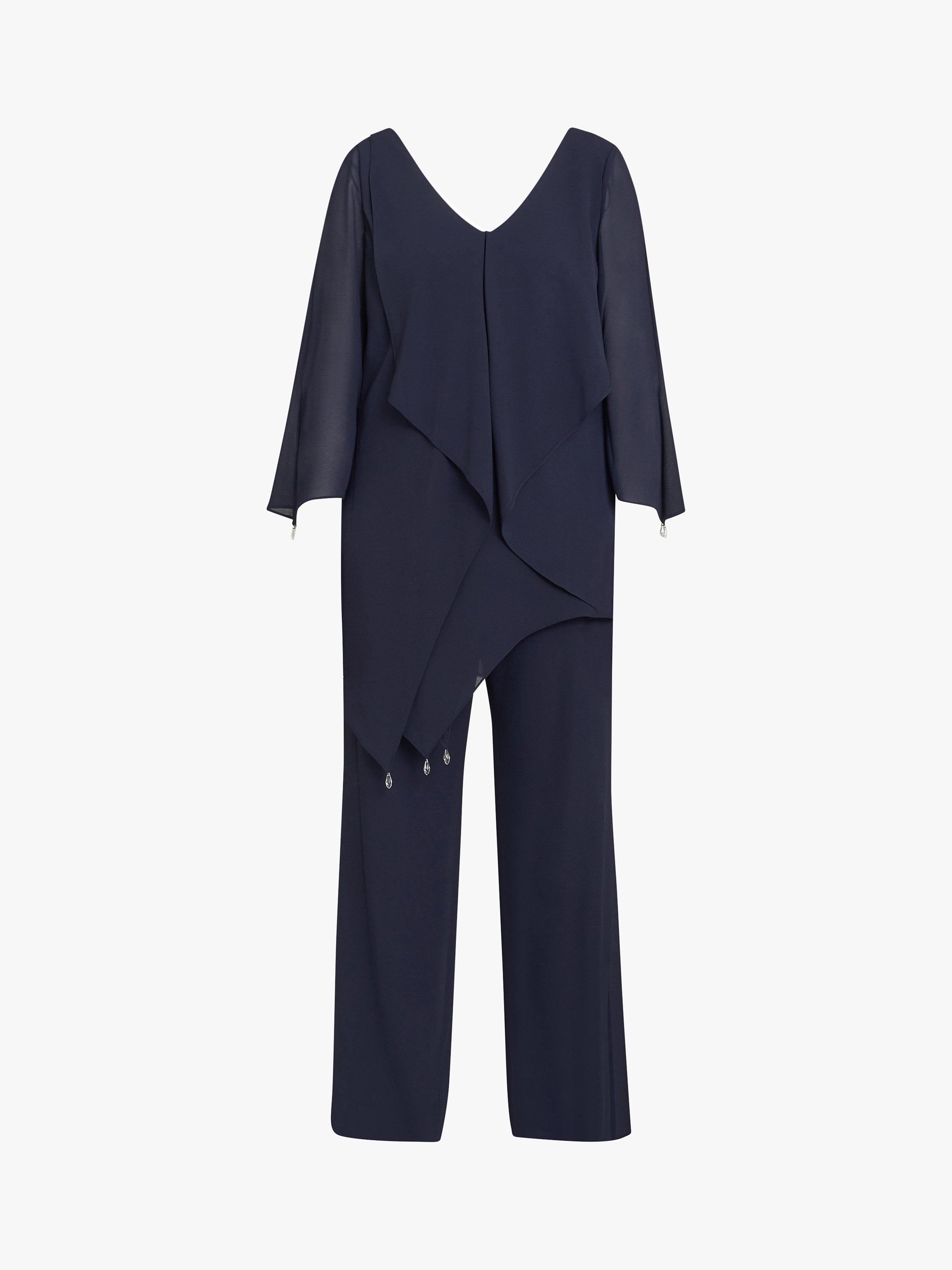 Product image 4 of 6, which shows Gina Bacconi Wilma 2-Piece Suit With Asymmetric Cascade Ruffle Blouse & Wide Leg Trousers, Navy, 10
