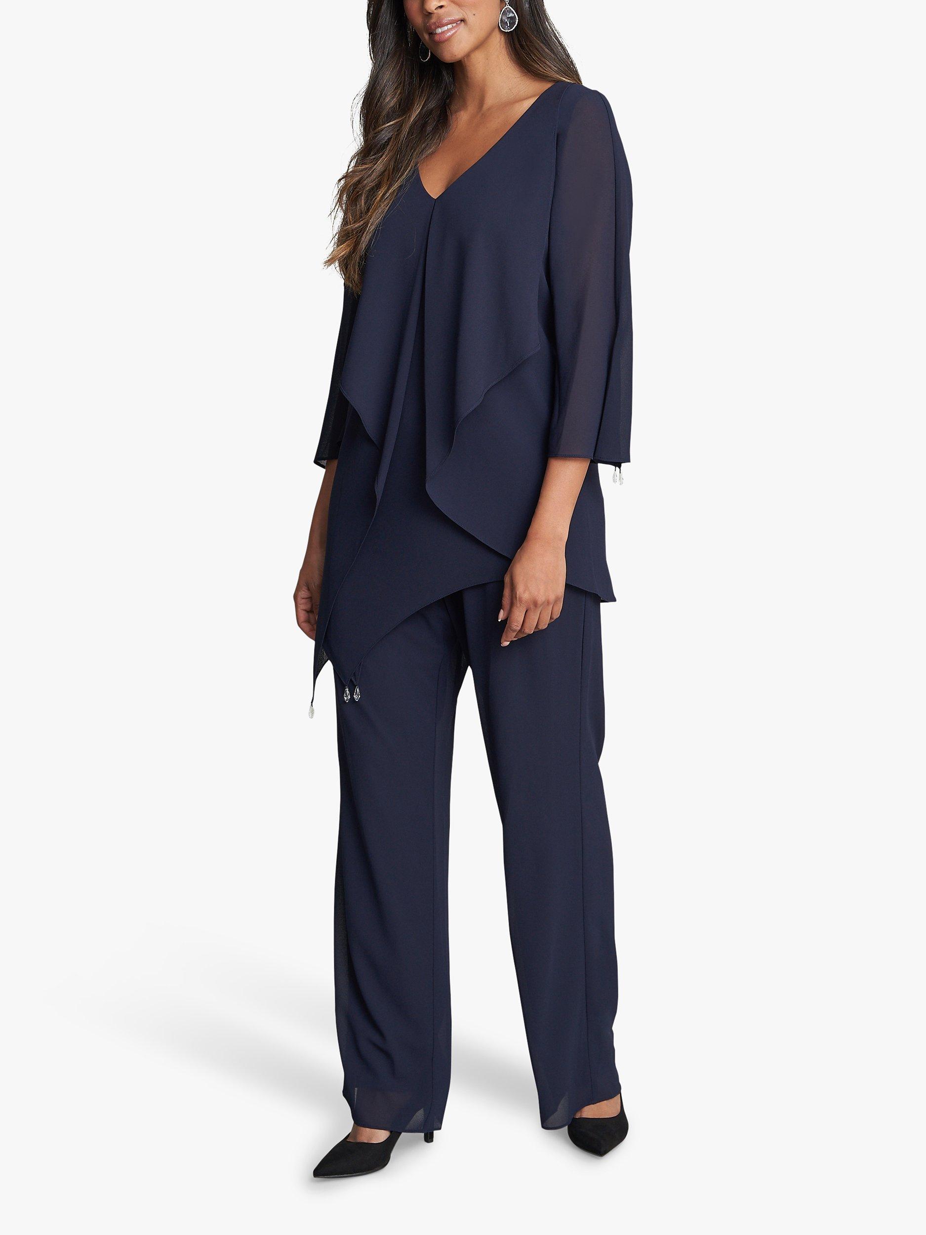 Product image 6 of 6, which shows Gina Bacconi Wilma 2-Piece Suit With Asymmetric Cascade Ruffle Blouse & Wide Leg Trousers, Navy, 10