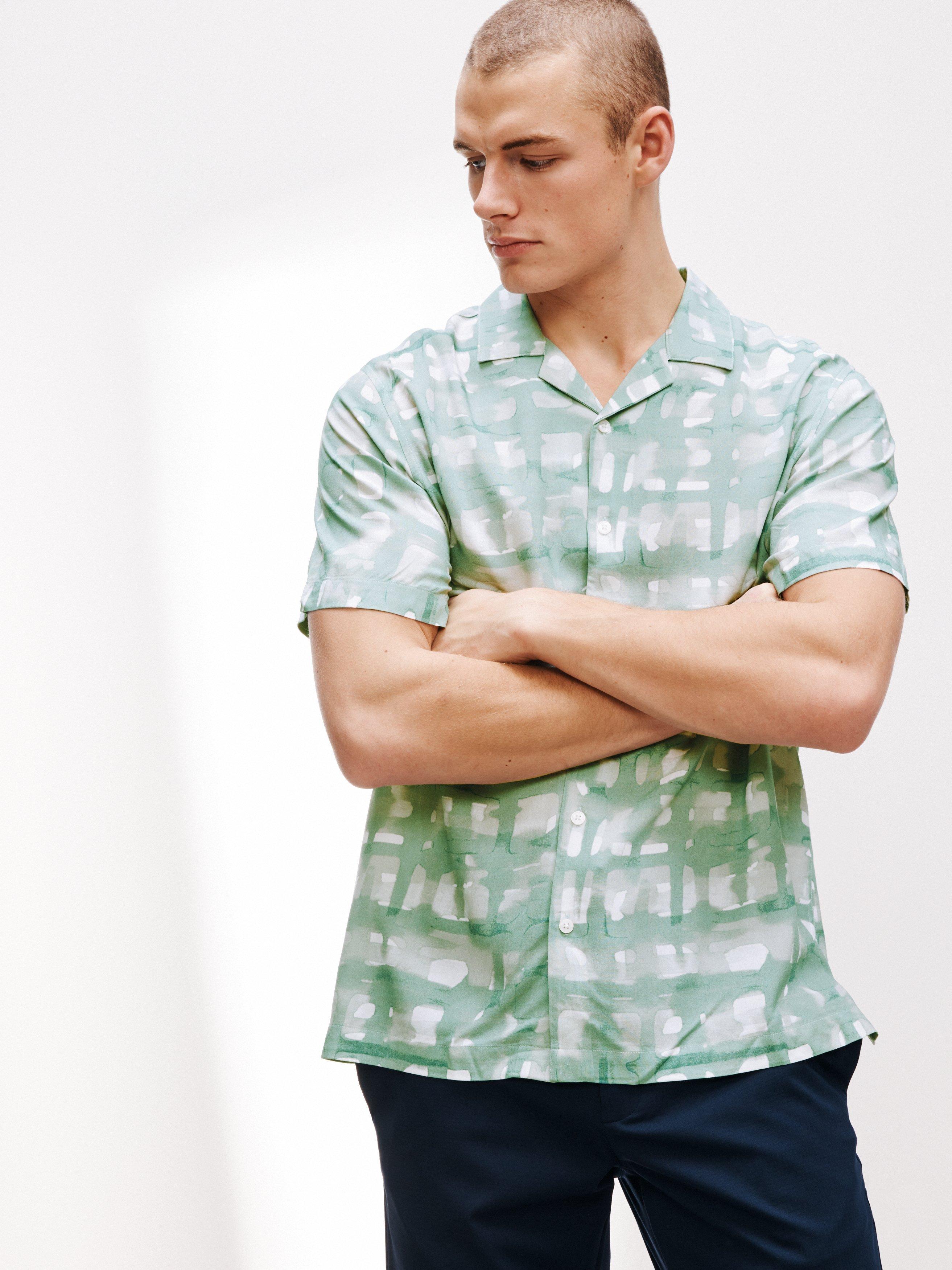 Kin Revere Collar Inky Check Print Shirt, Green Mileu