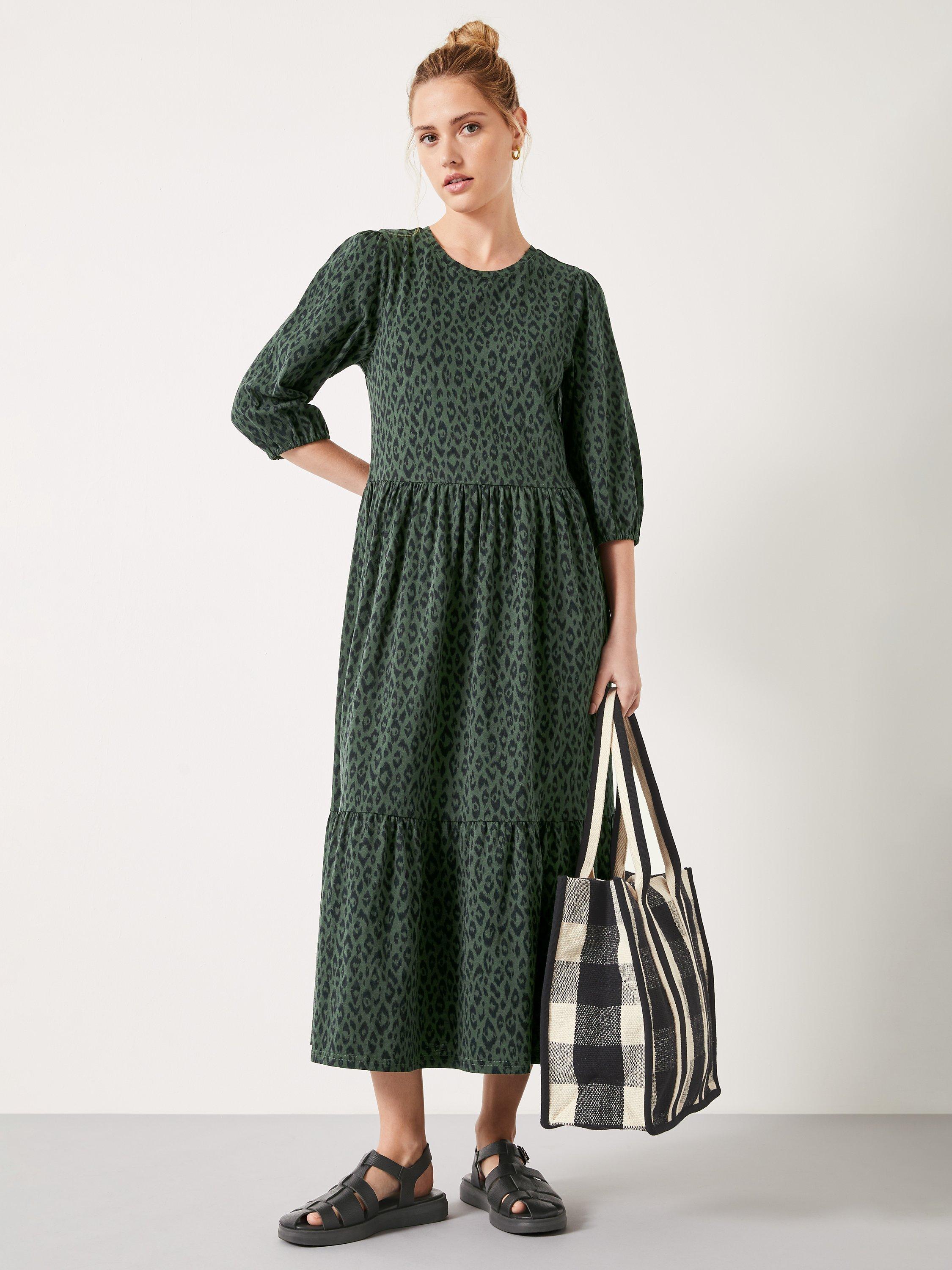 HUSH Athena Tier Leopard Midi Dress, Ikat Khaki
