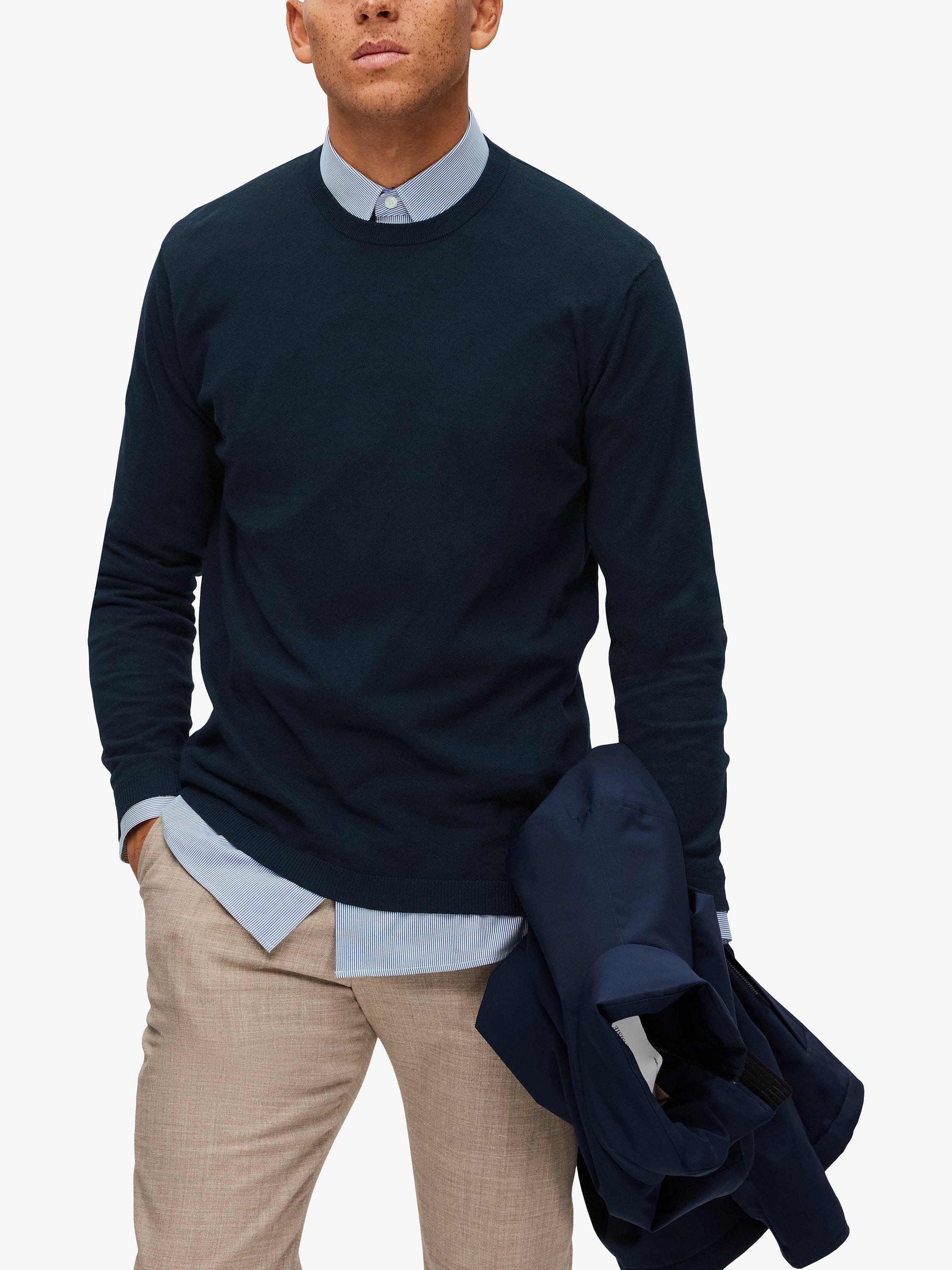SELECTED HOMME Linen Cotton Crew Jumper, Sky Captain
