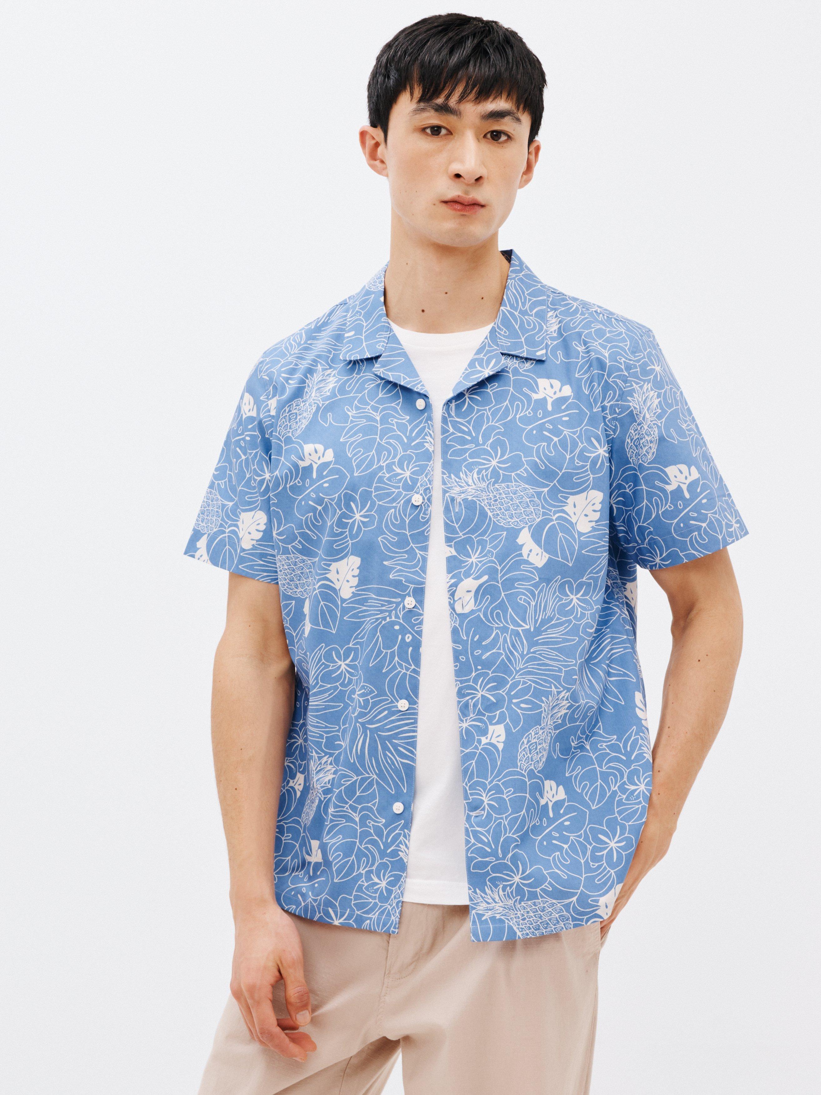 John Lewis ANYDAY Revere Collar Pineapple Print Hawaiian Shirt, Blue Yonder