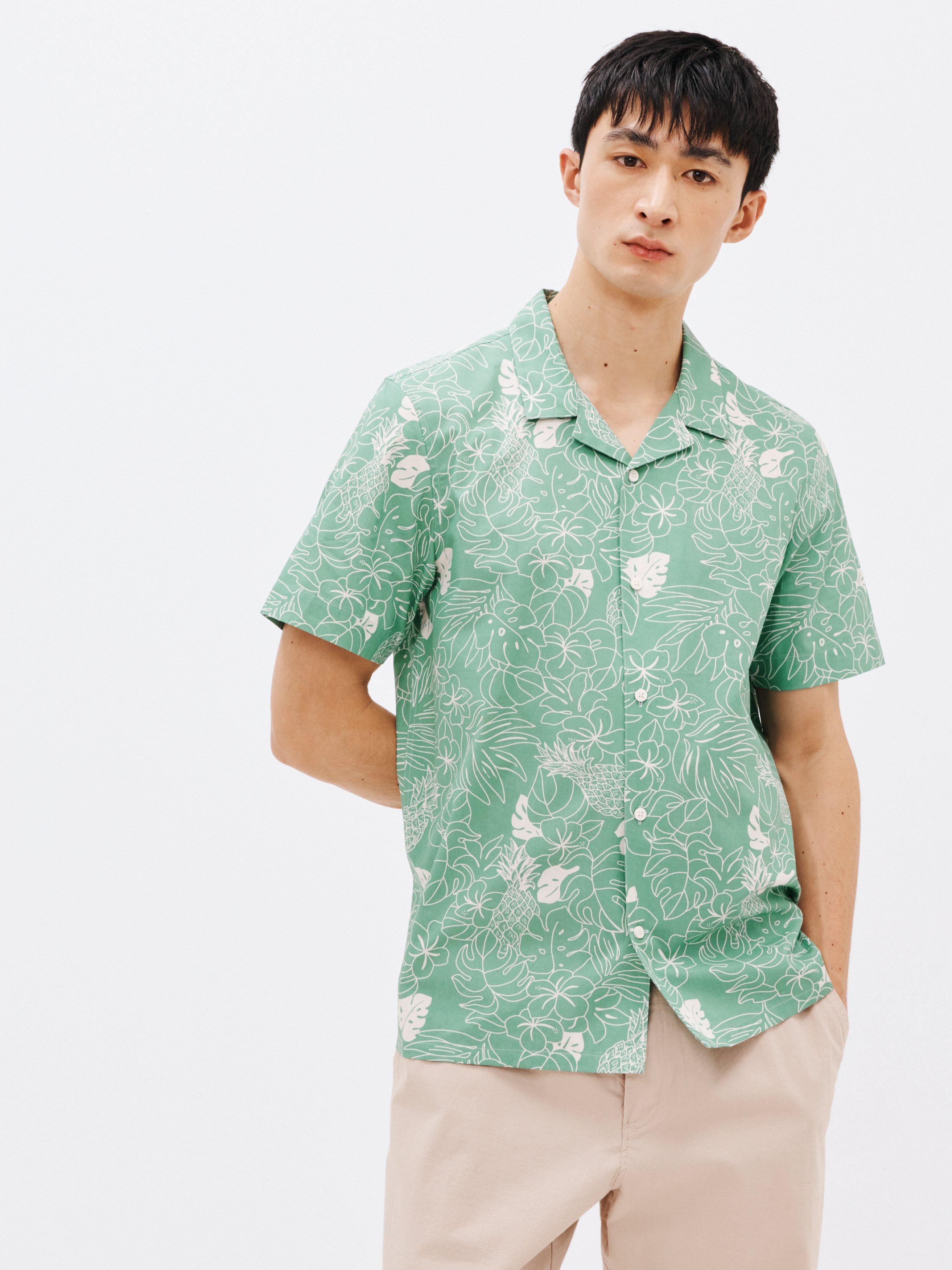 John Lewis ANYDAY Revere Collar Pineapple Print Hawaiian Shirt, Beryl Green, S