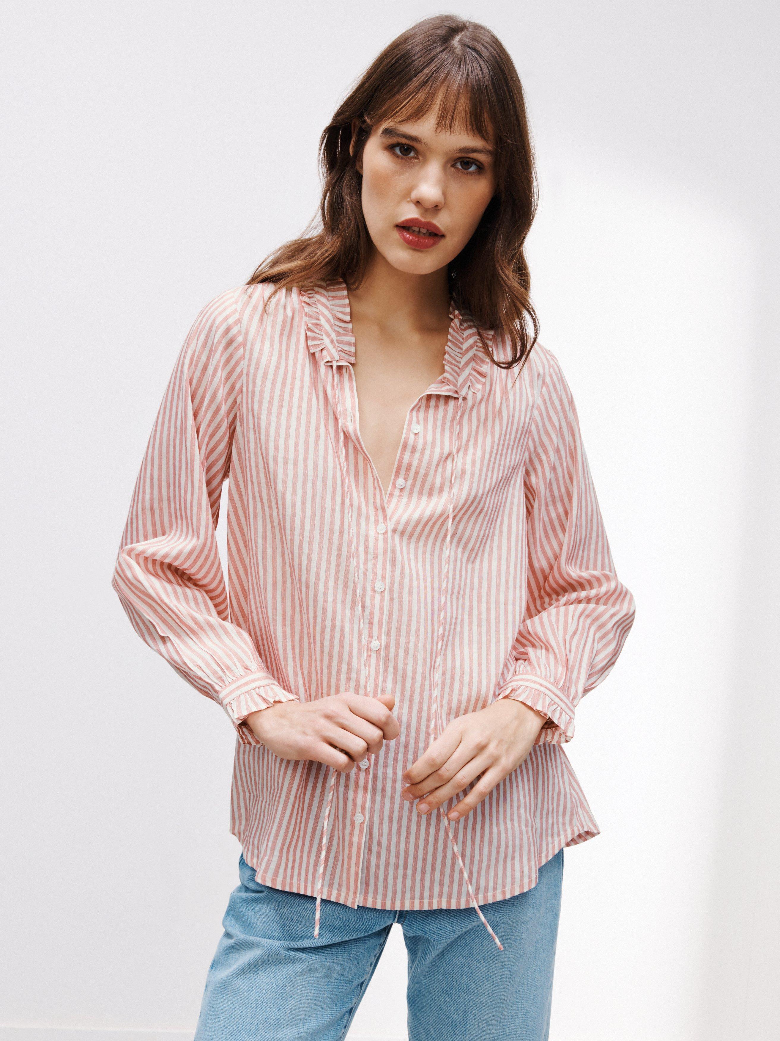 AND/OR Kendra Stripe Ruffle Linen Blend Shirt