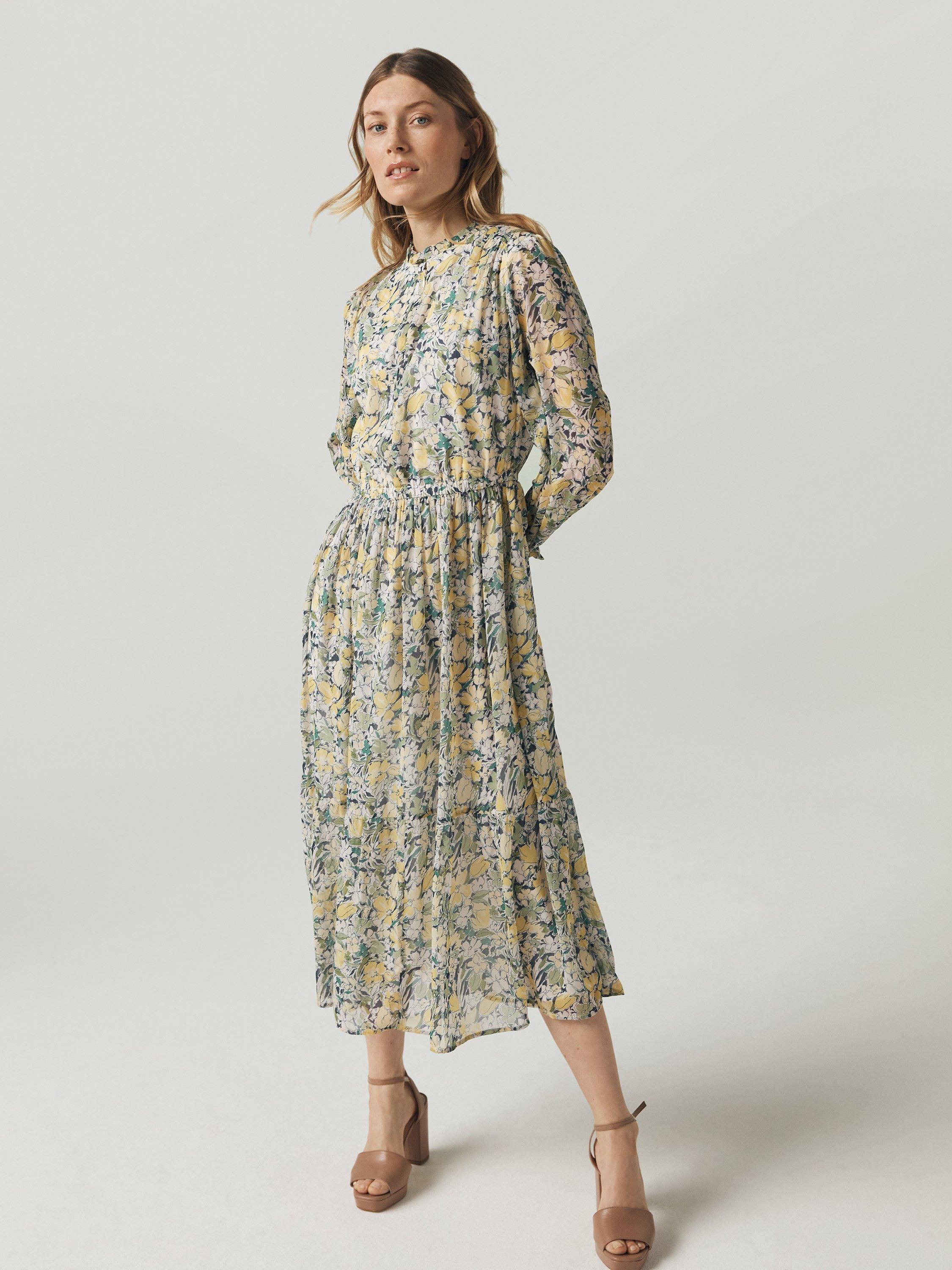 John Lewis Floral Chiffon Midi Dress, Yellow/Multi