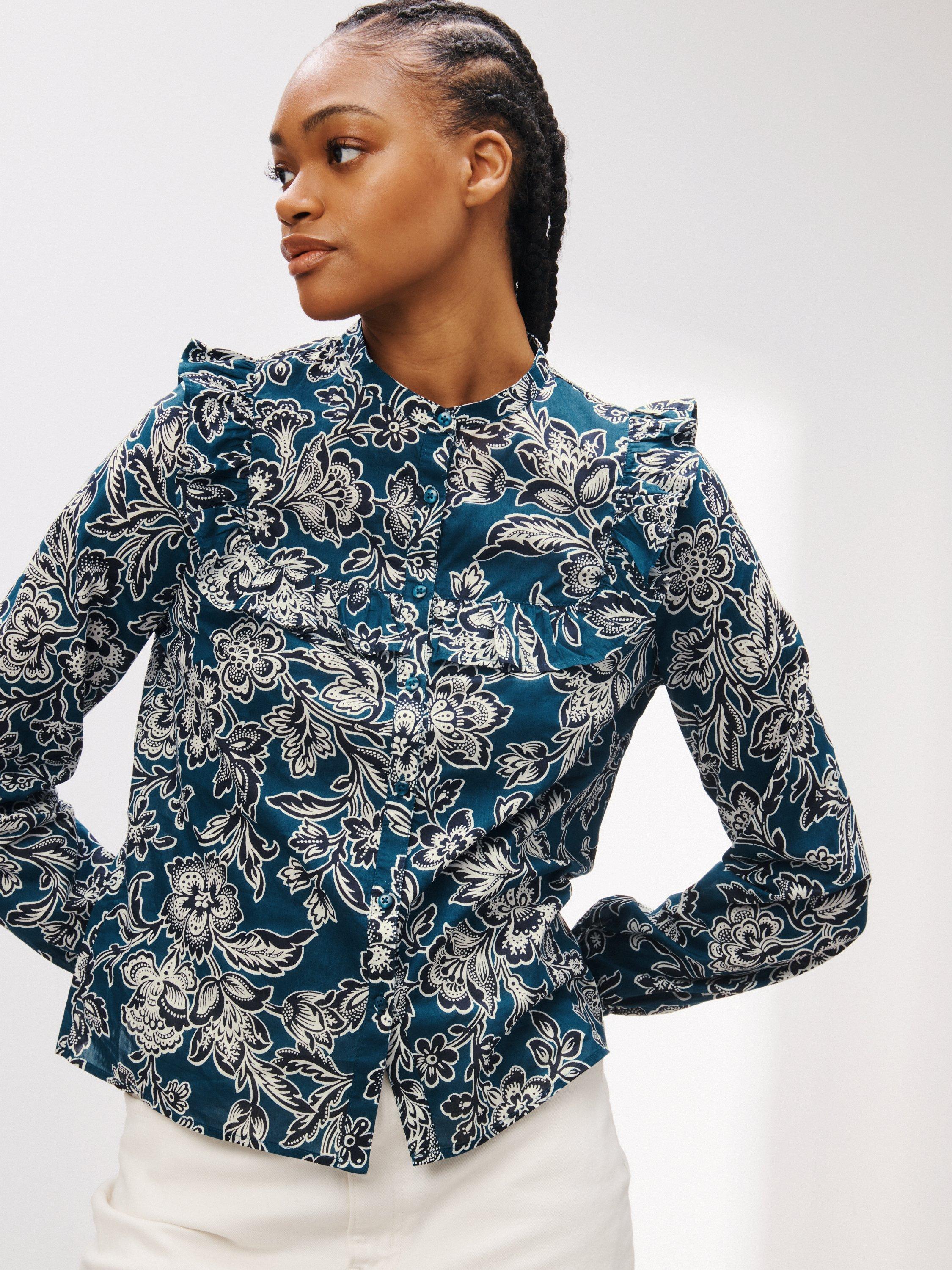 John Lewis Floral Print High Neck Blouse, White/Multi