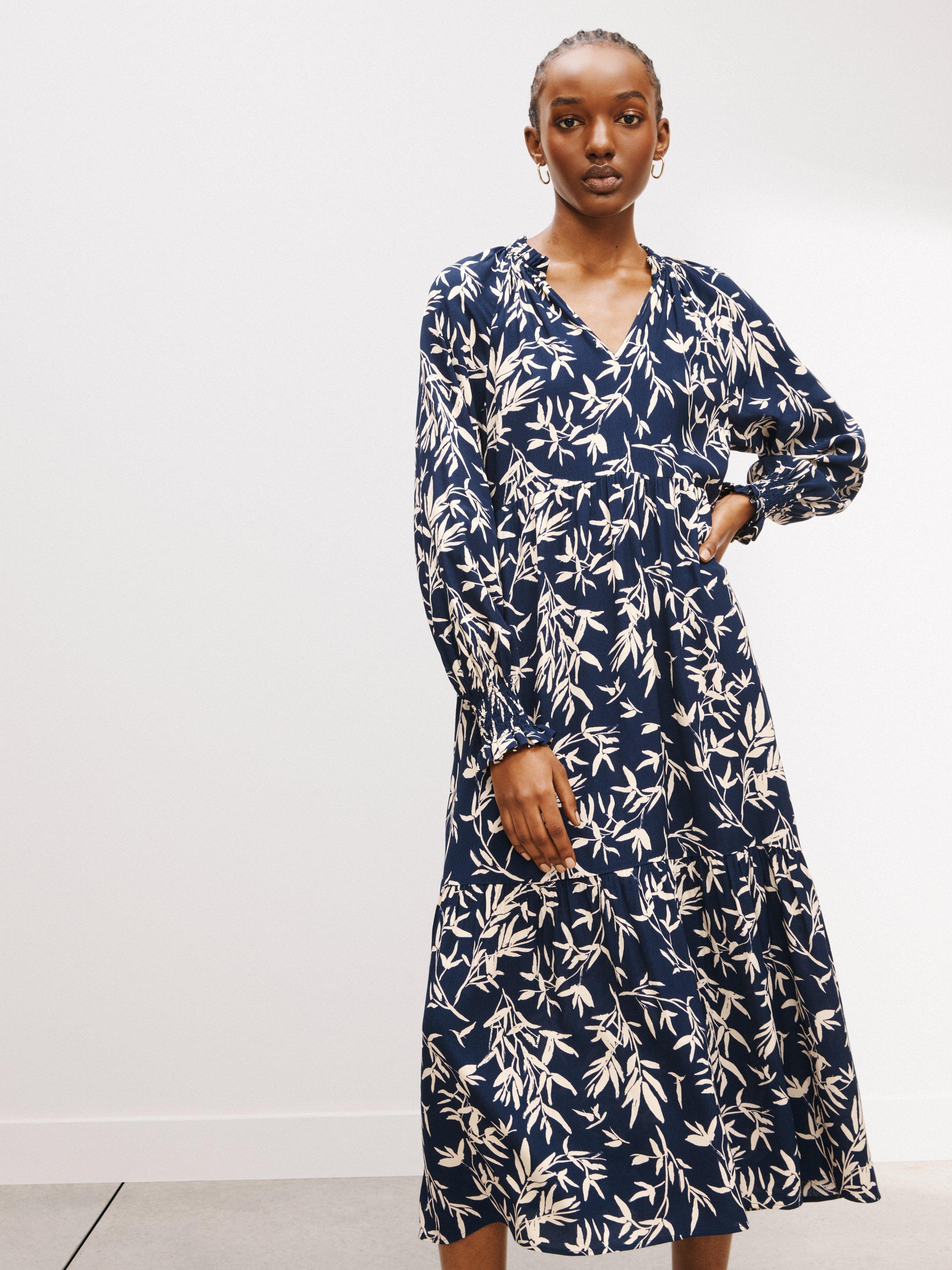 John Lewis Bamboo Print Trapeze Dress, Blue/Multi