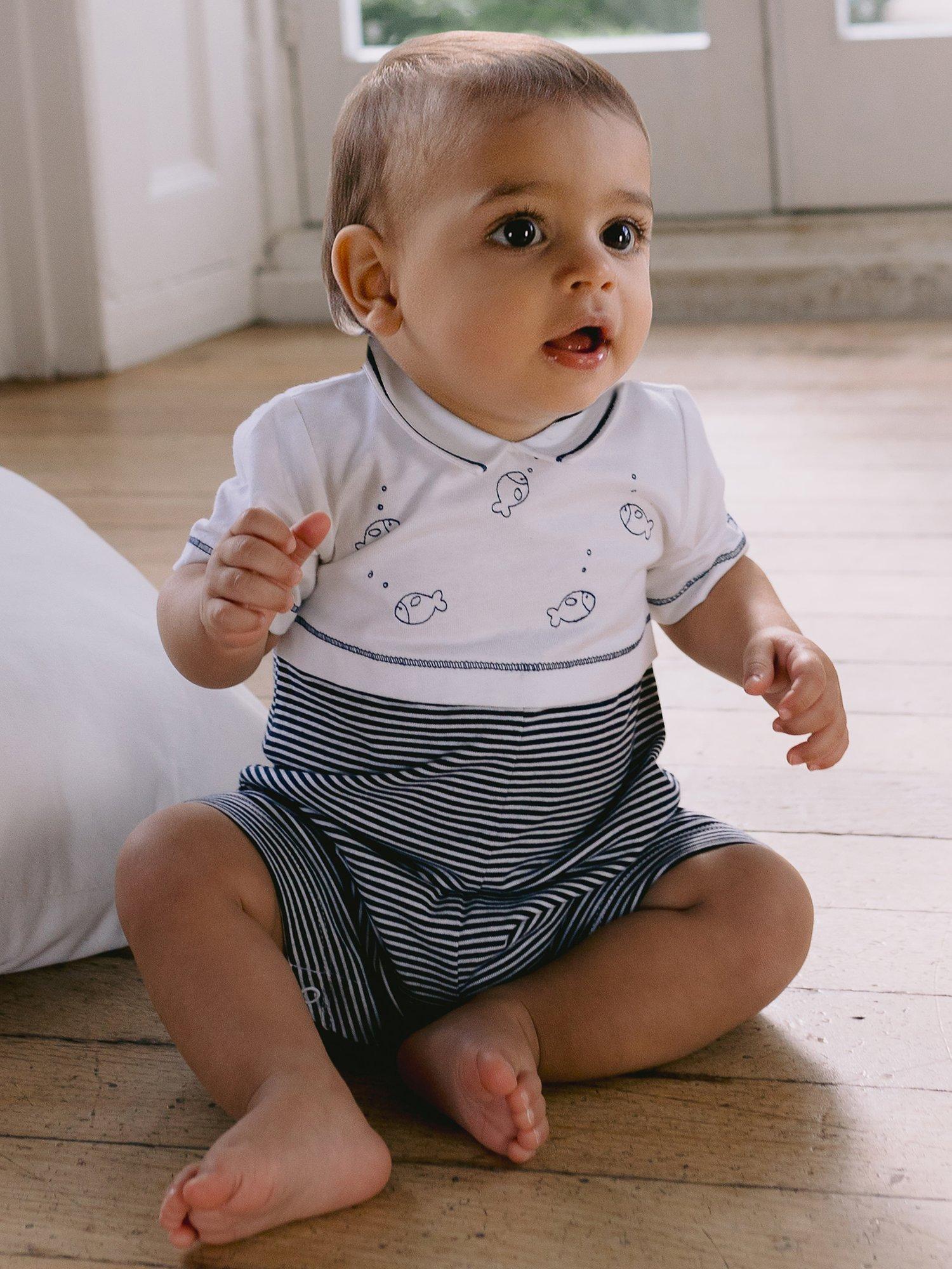 Emile et Rose Baby Duke Fish and Stripe Romper, Navy Blue