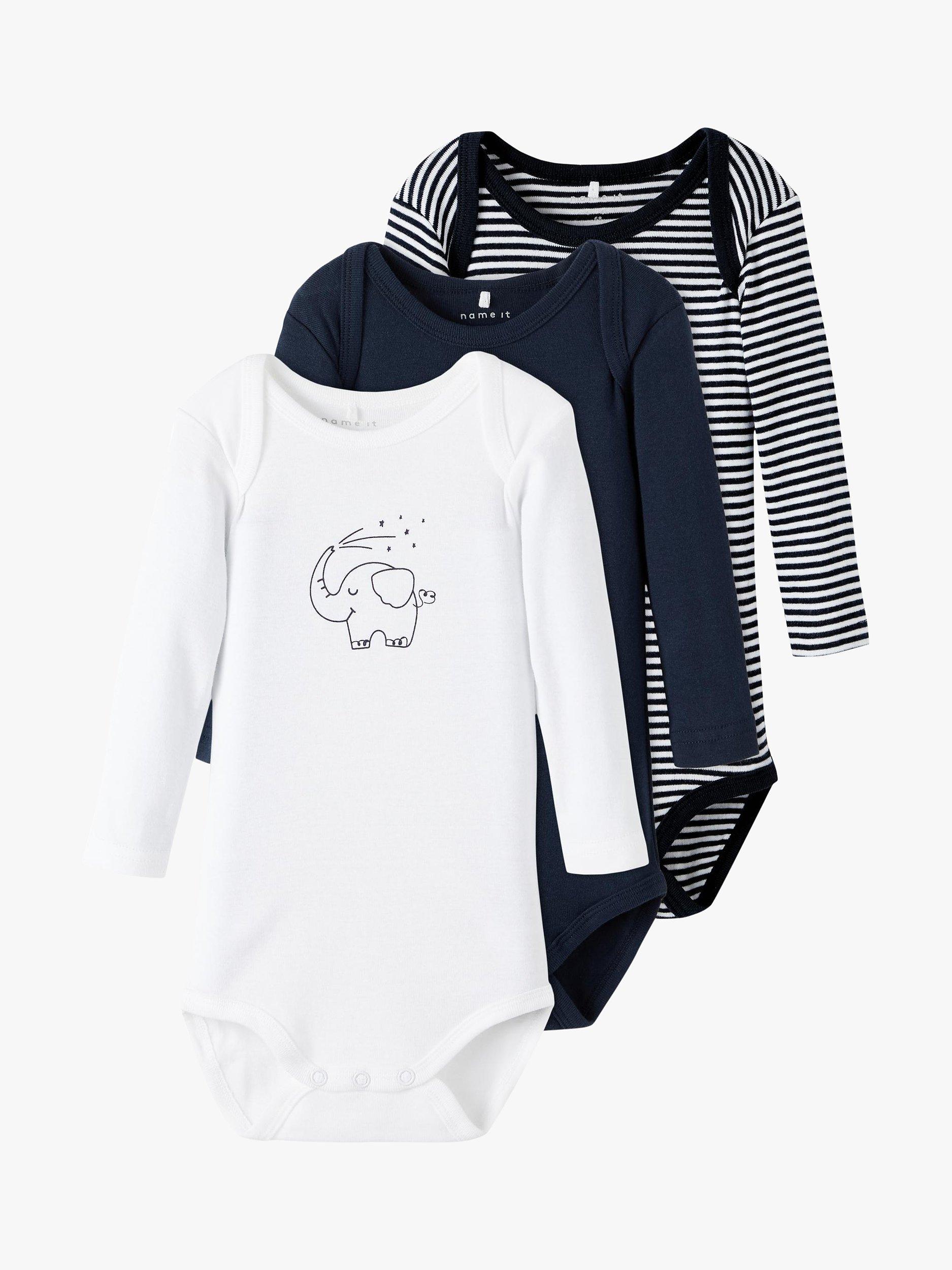NAME IT Ele Cotton Long Sleeve Stripe/Plain/Elephant Print Bodysuits, Pack of 3, Dark Sapphire