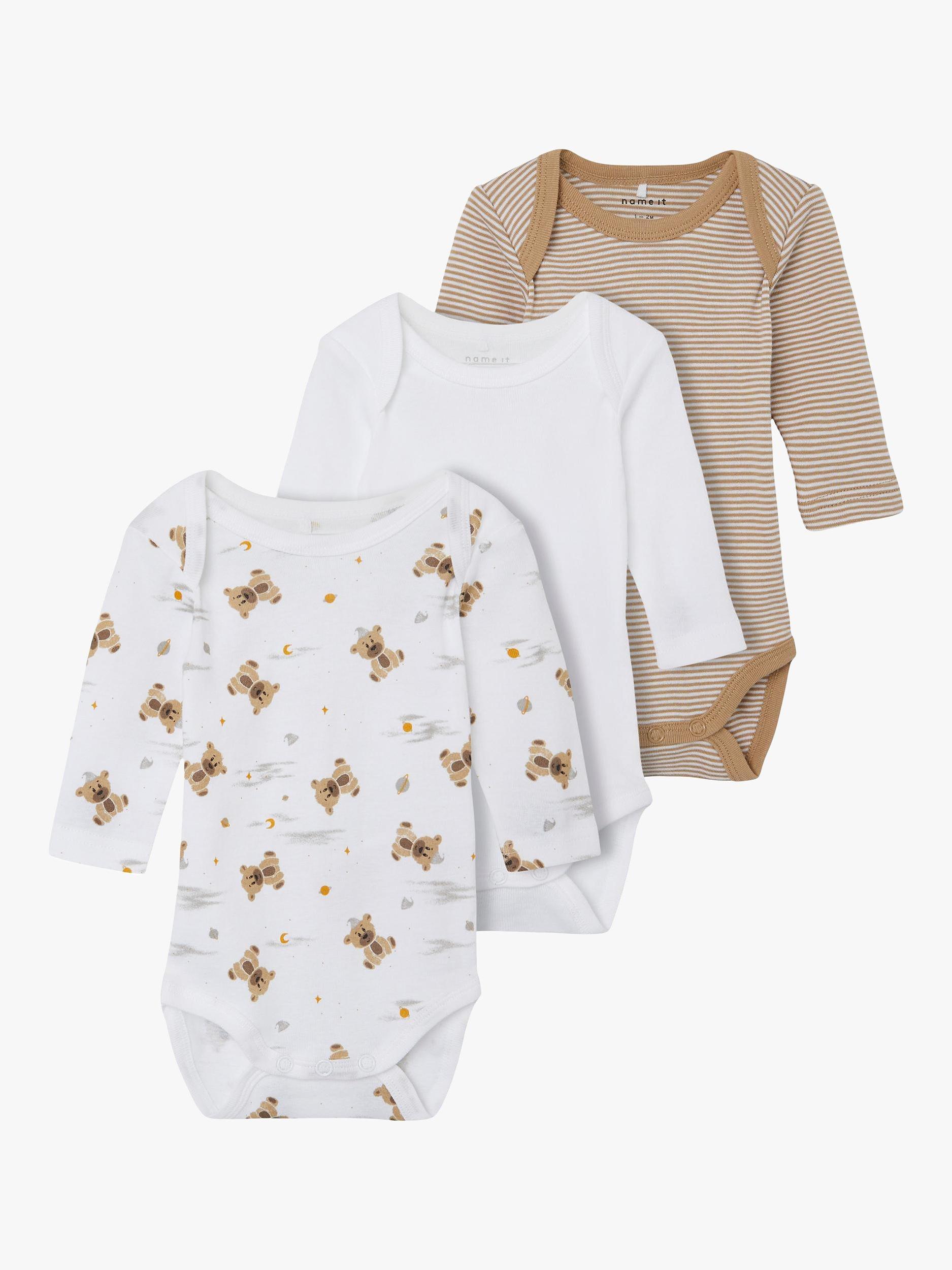 NAME IT Ele Cotton Long Sleeve Stripe/Plain/Bear Print Bodysuits, Pack of 3