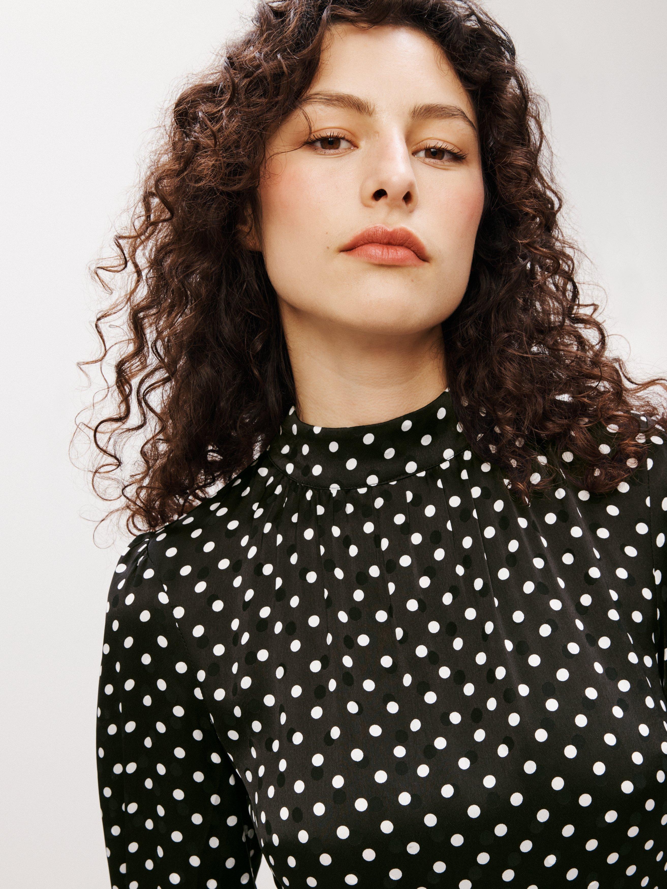 John Lewis High Neck Spot Print Midi Dress, Black/Multi