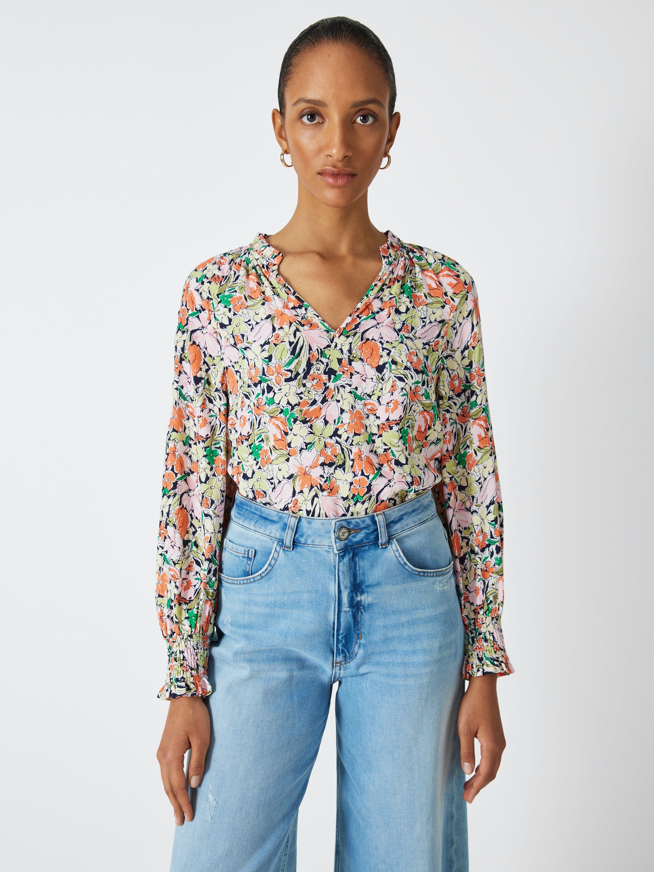 John Lewis Floral Print Frill Neck Blouse, Orange/Multi