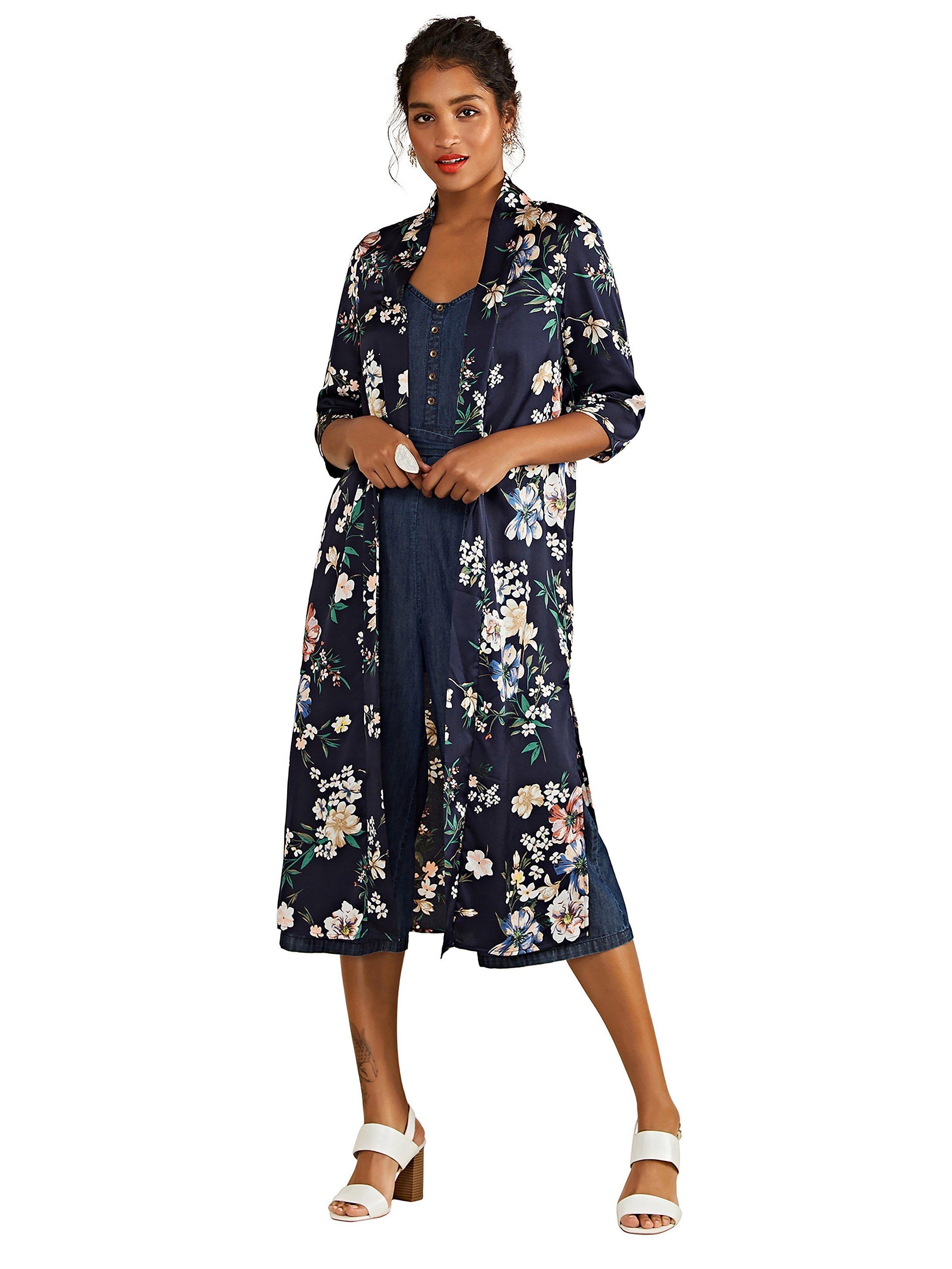 Product image 2 of 4, which shows Yumi Garden Floral Print Longline Kimono Jacket, Navy/Multi, S-M