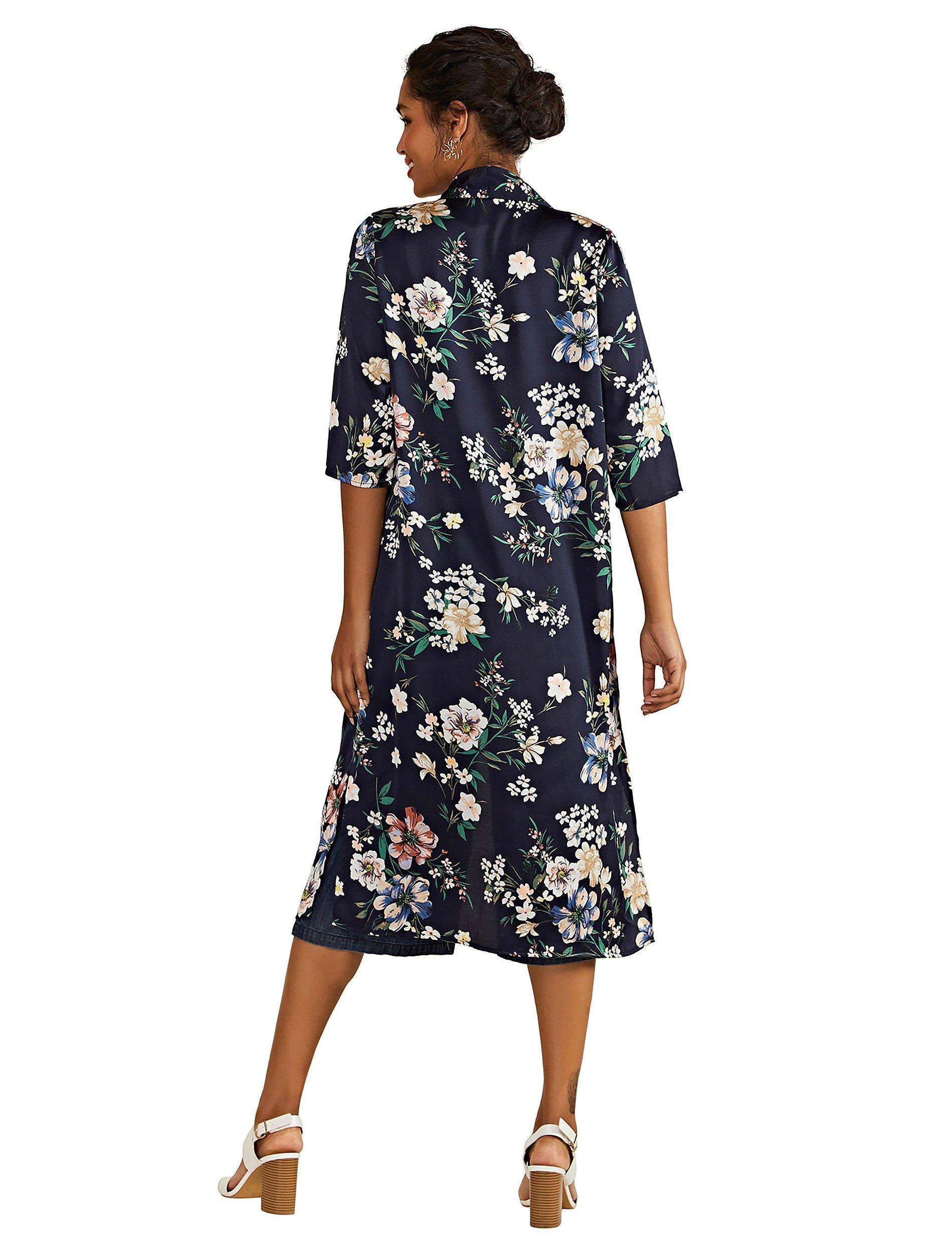 Product image 3 of 4, which shows Yumi Garden Floral Print Longline Kimono Jacket, Navy/Multi, S-M