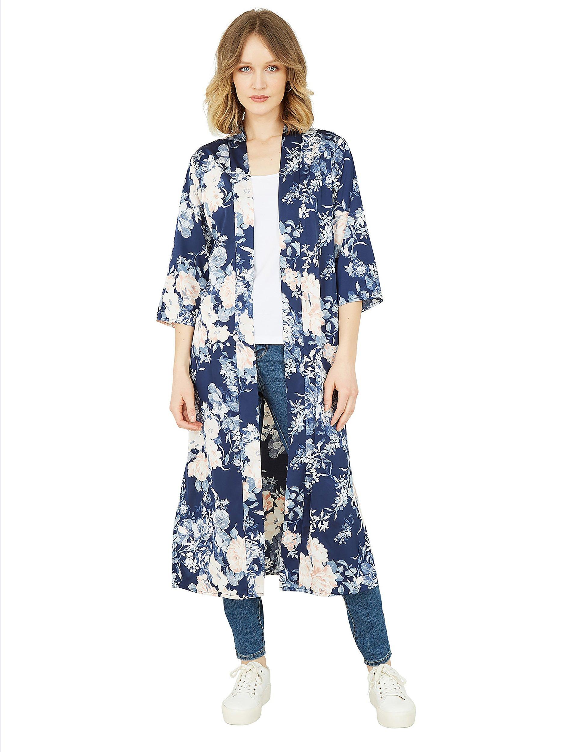 Product image 1 of 4, which shows Yumi Floral Satin Kimono, Navy/Multi, S-M