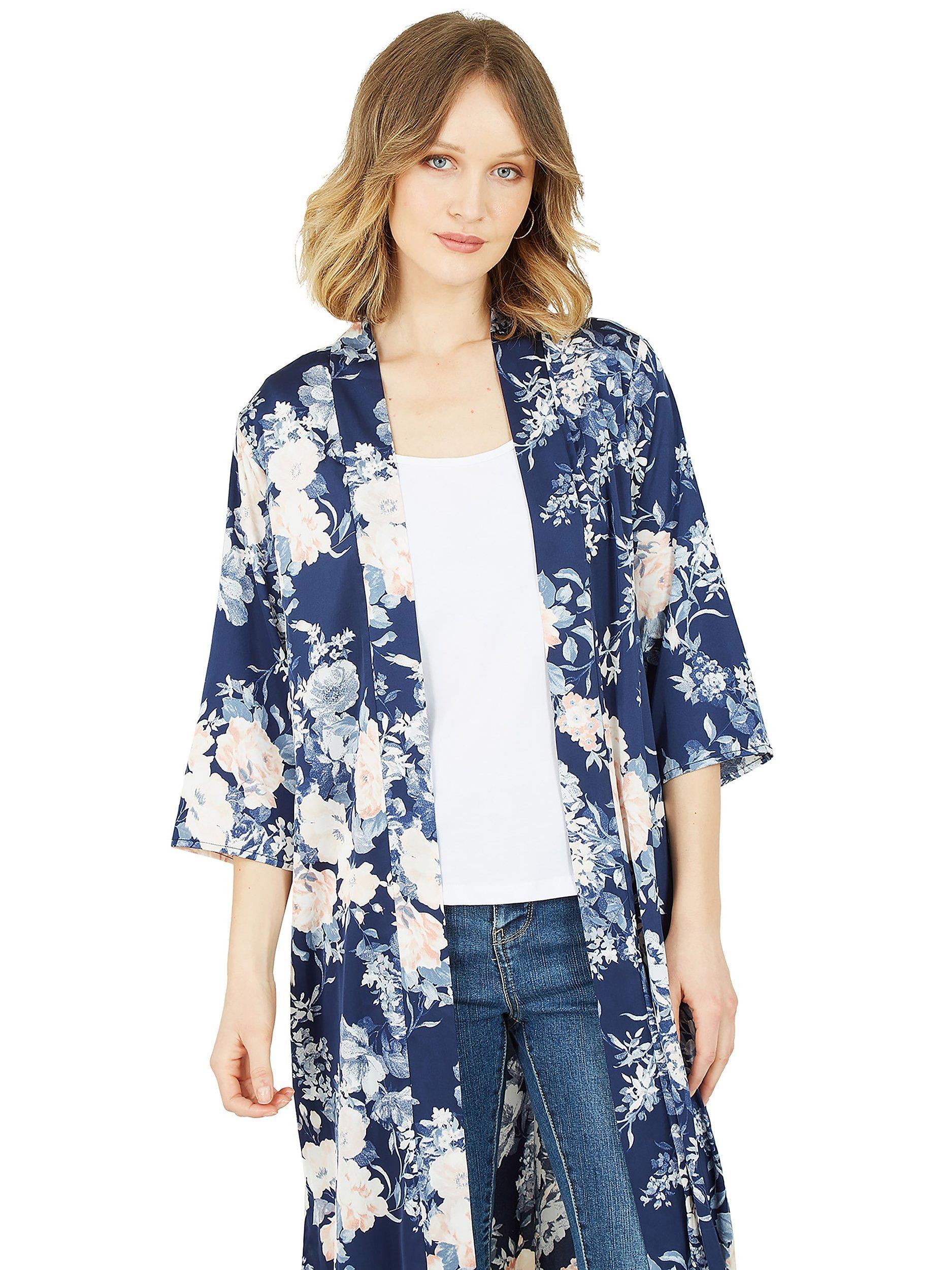 Product image 2 of 4, which shows Yumi Floral Satin Kimono, Navy/Multi, S-M