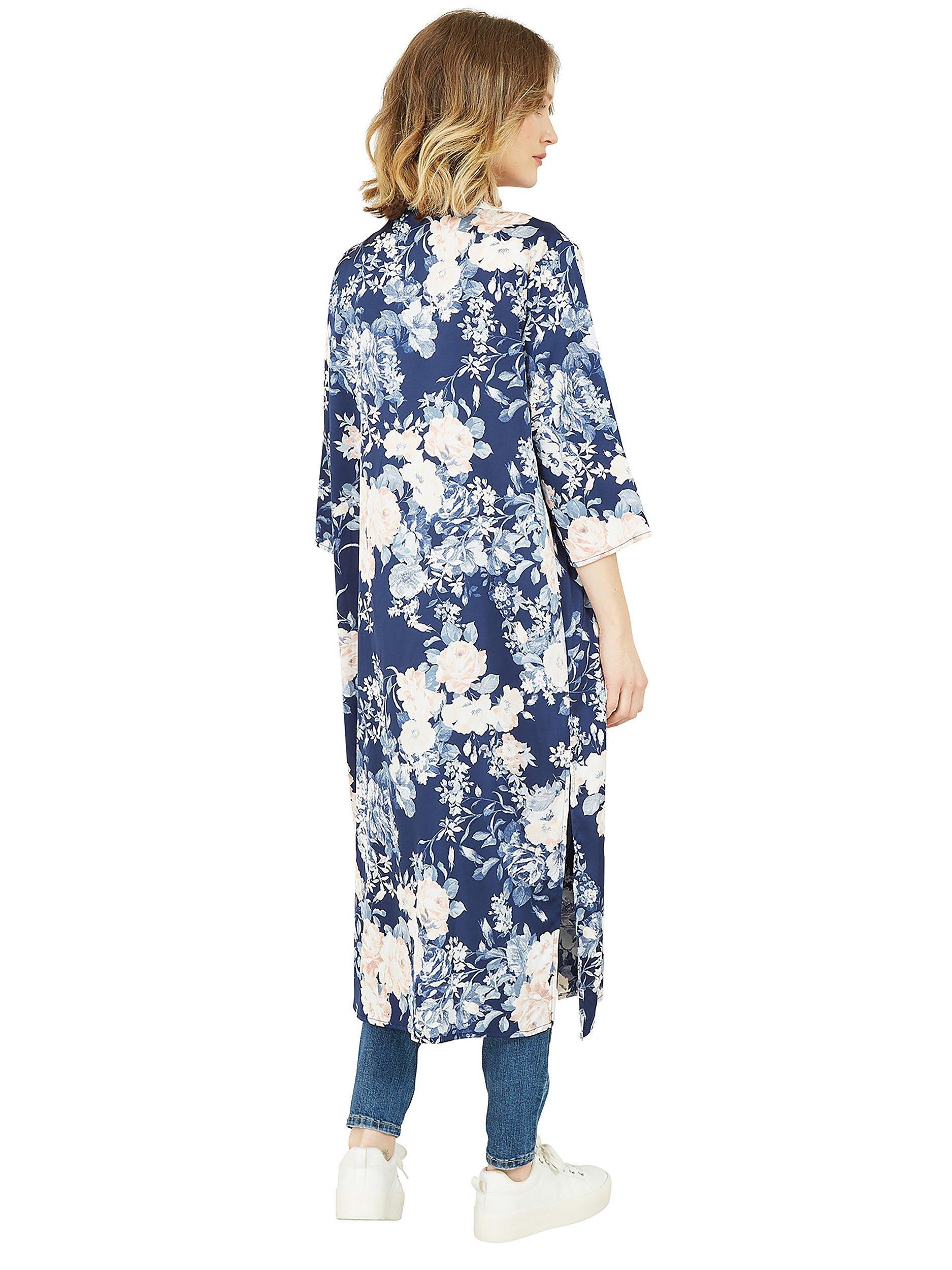 Product image 3 of 4, which shows Yumi Floral Satin Kimono, Navy/Multi, S-M